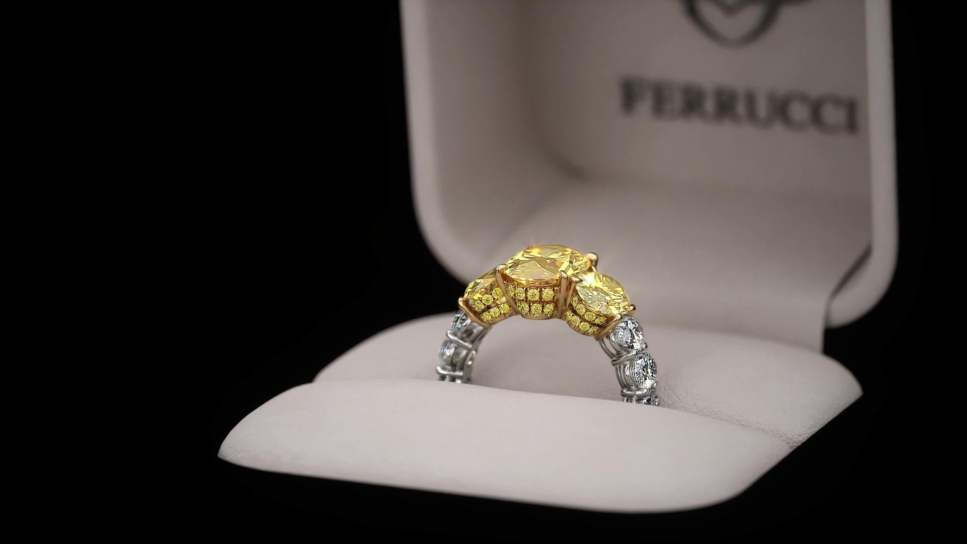 GIA 5.04 Carat Oval Yellow Intense Diamonds 18 Karat and Platinum 950 Ring In New Condition For Sale In New York, NY
