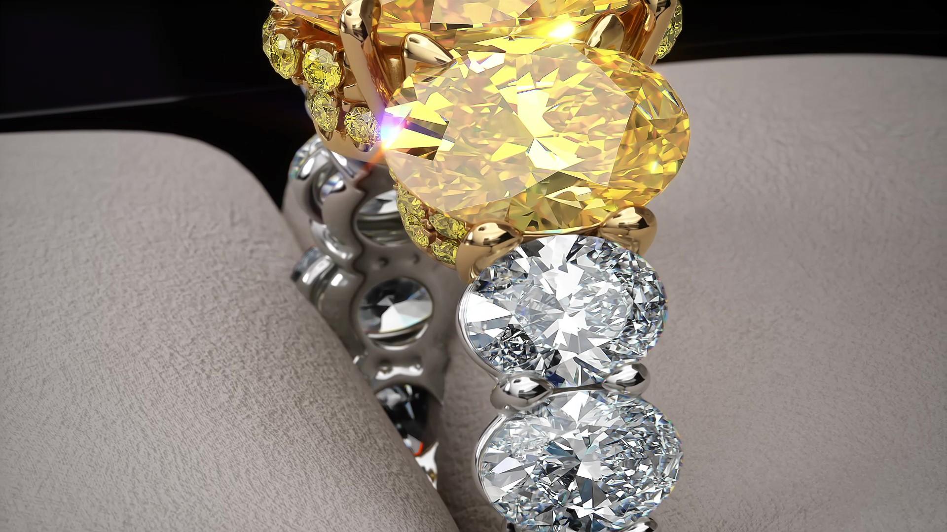 Taille ovale Bague en platine et or 18 carats avec diamants jaunes intenses ovales de 5,04 carats certifiés GIA en vente