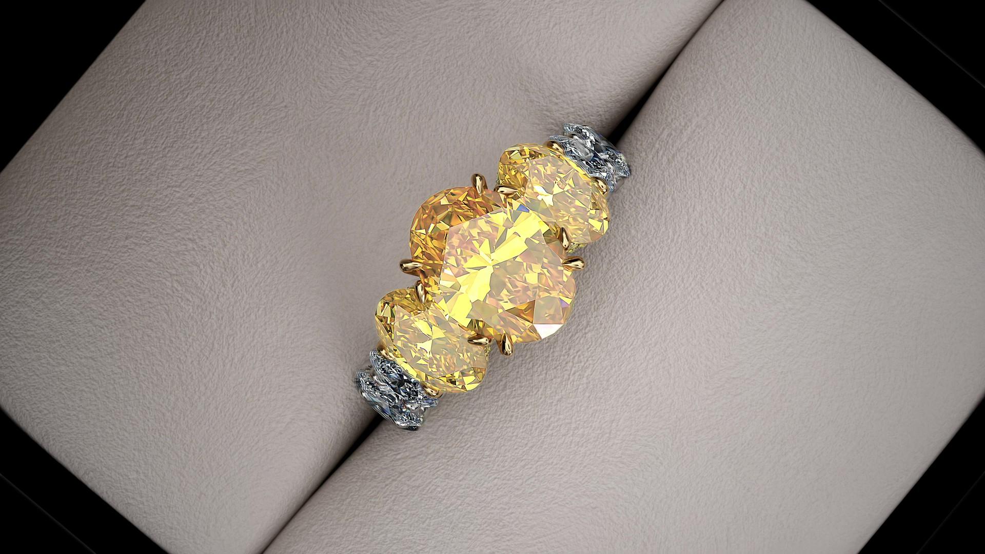 Bague en platine et or 18 carats avec diamants jaunes intenses ovales de 5,04 carats certifiés GIA en vente 1
