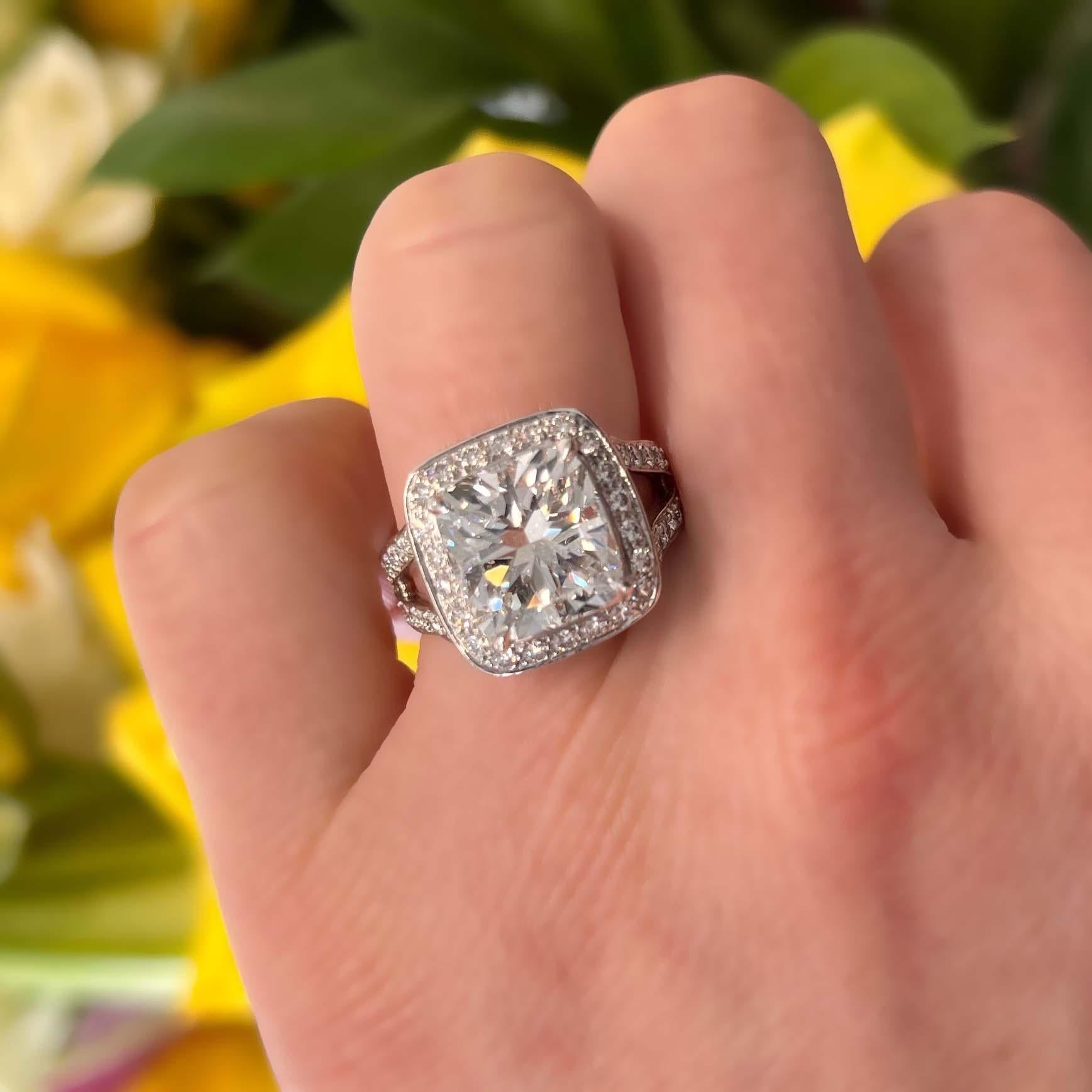 Contemporary GIA 5.05 Carat Bezel Set Cushion Cut Diamond Engagement Ring For Sale