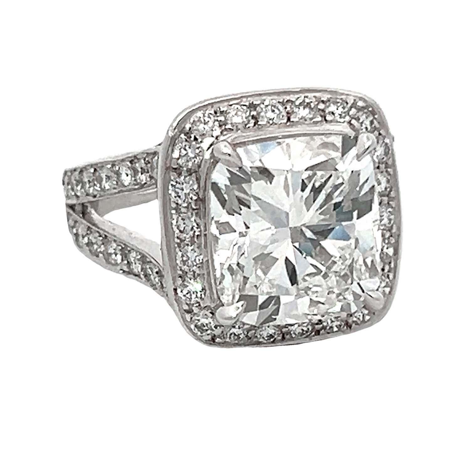 GIA 5.05 Carat Bezel Set Cushion Cut Diamond Engagement Ring For Sale 1