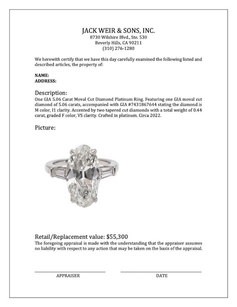 Women's or Men's GIA 5.06 Carat Moval Cut Diamond Platinum Ring