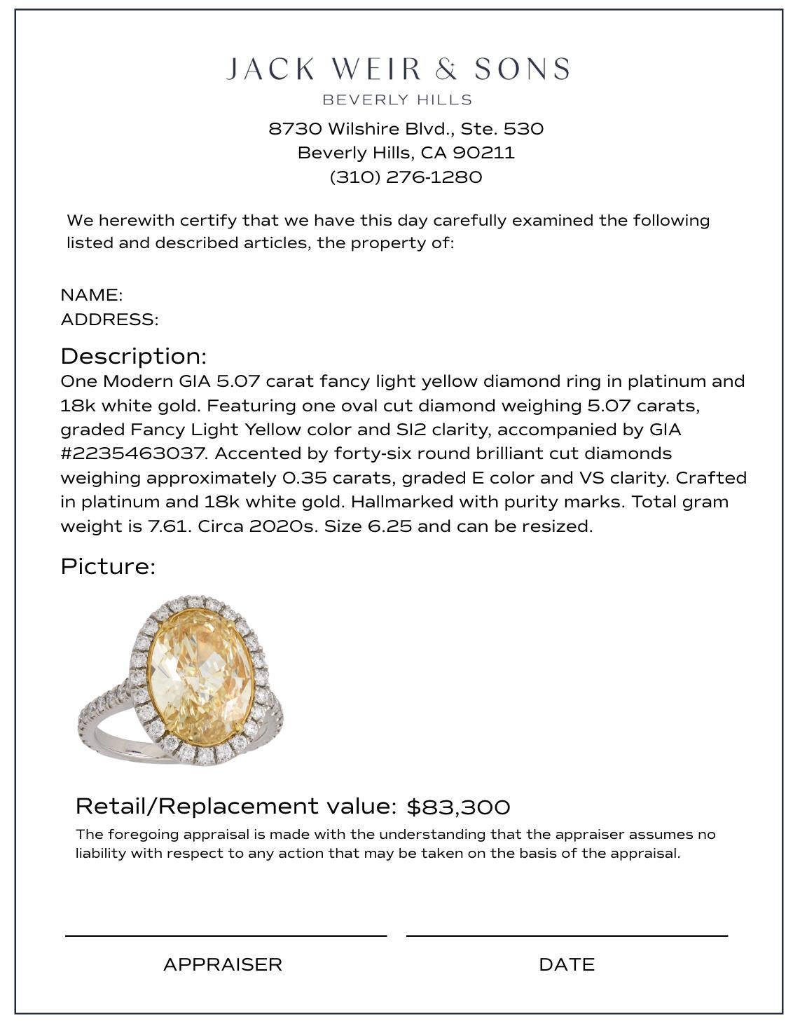 Bague de fiançailles en platine avec diamant jaune clair fantaisie de 5,07 carats certifié GIA Pour femmes en vente