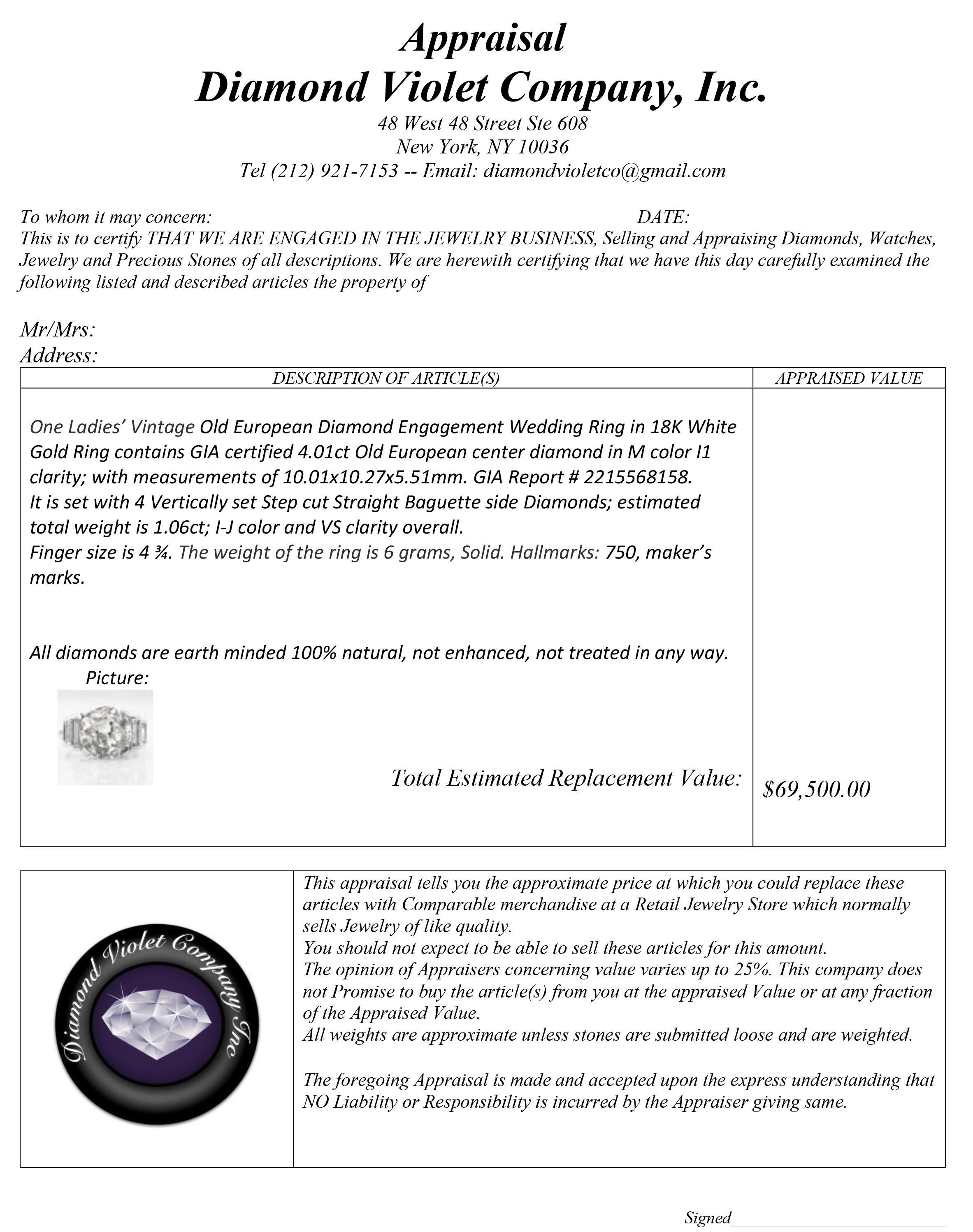 Bague de fiançailles de mariage en or blanc avec diamant européen ancien de 5,07 carats certifié par le GIA en vente 5