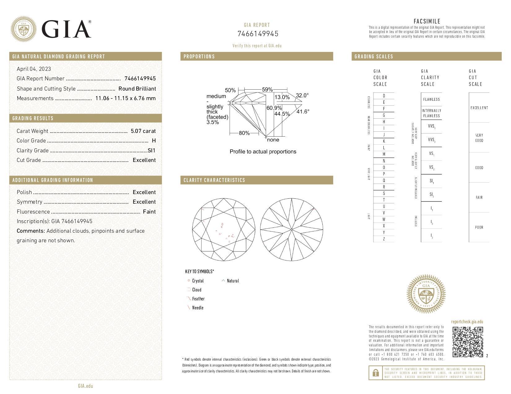 GIA Anillo de platino con diamante redondo talla brillante de 5.07 quilates en Excelente Estado en Beverly Hills, CA