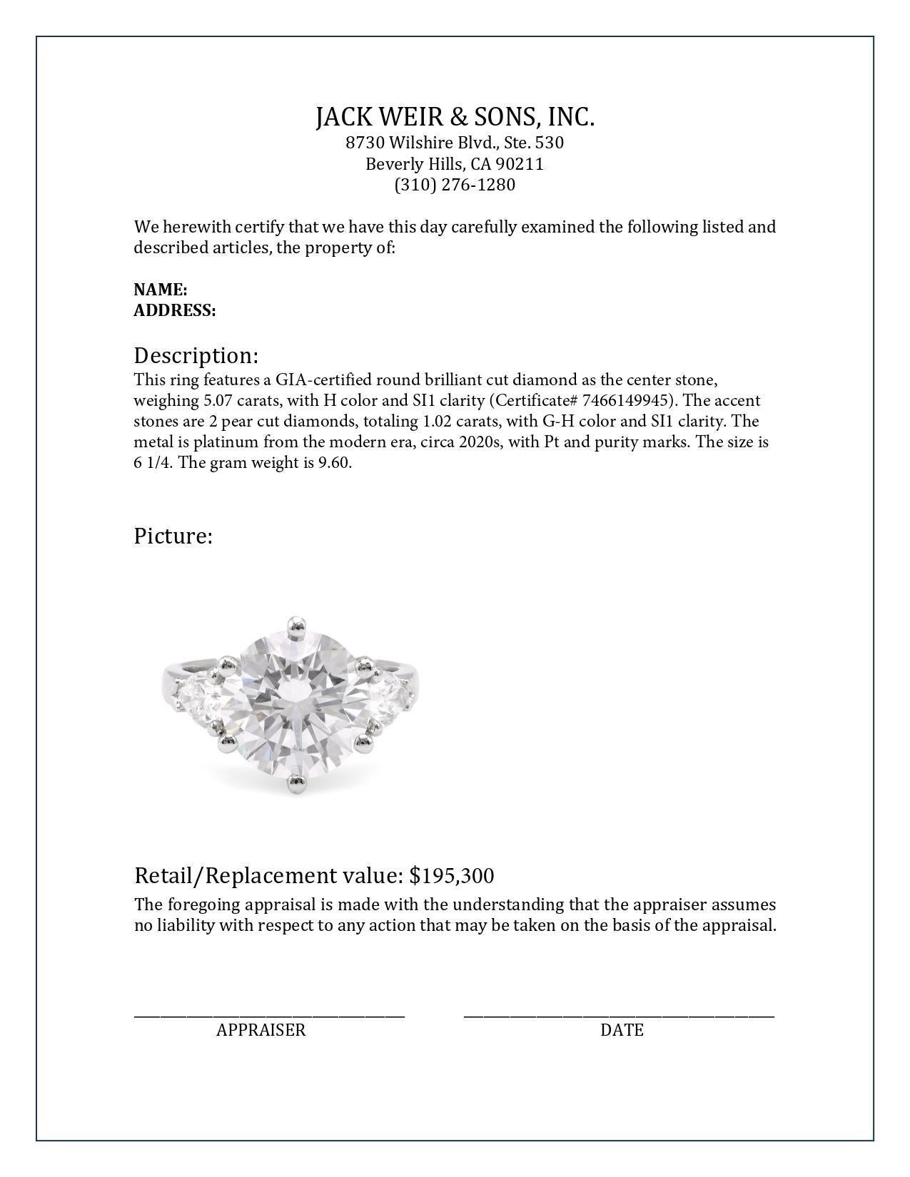 Femenino o masculino GIA Anillo de platino con diamante redondo talla brillante de 5.07 quilates