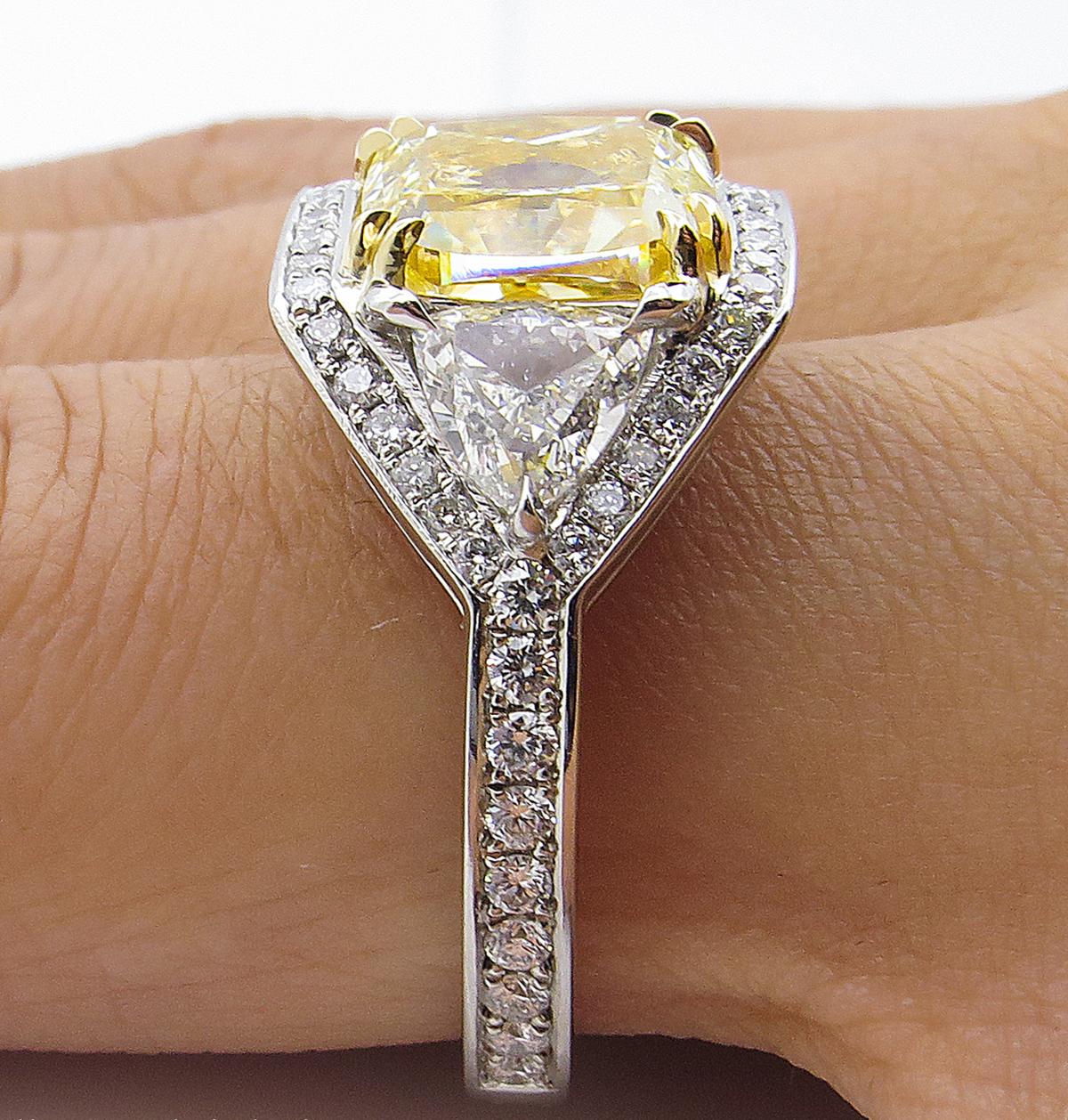 GIA 5.10 Carat Fancy Yellow Cushion Diamond 3-Stone Engagement Ring Platinum 5