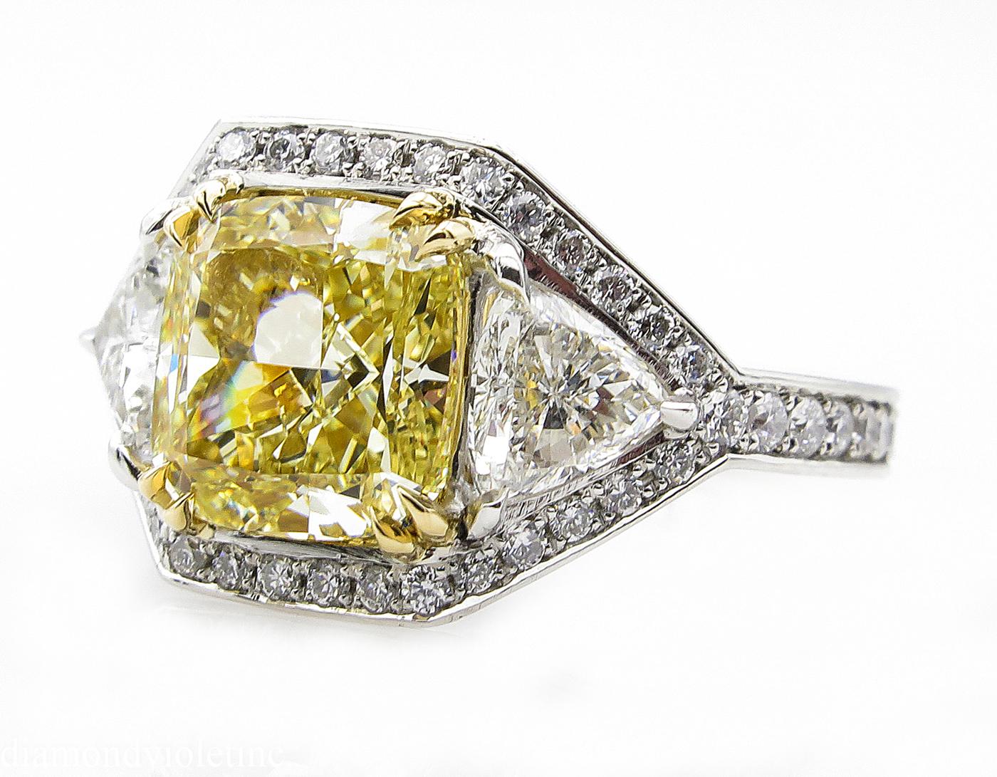 Cushion Cut GIA 5.10 Carat Fancy Yellow Cushion Diamond 3-Stone Engagement Ring Platinum