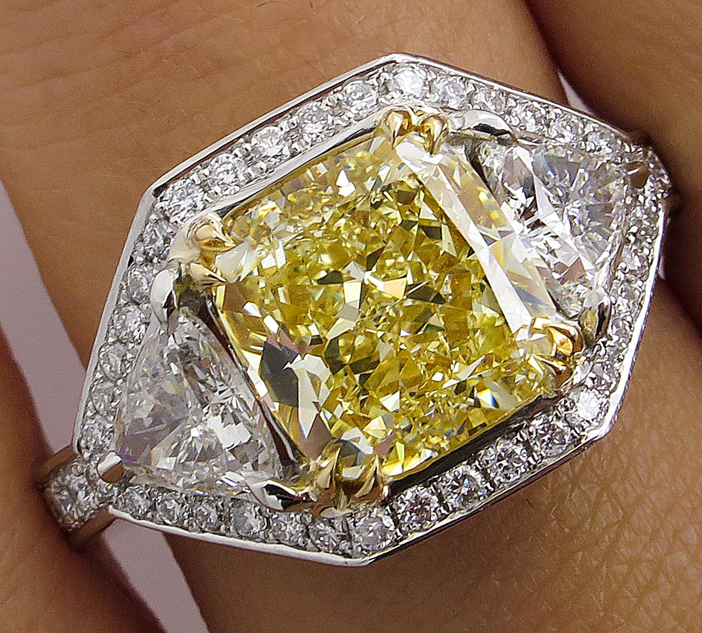 Women's GIA 5.10 Carat Fancy Yellow Cushion Diamond 3-Stone Engagement Ring Platinum