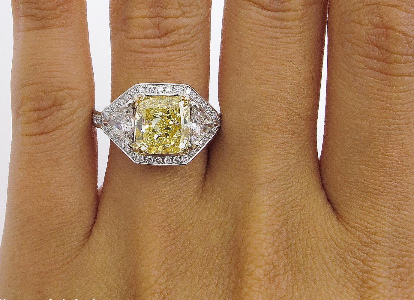 GIA 5.10 Carat Fancy Yellow Cushion Diamond 3-Stone Engagement Ring Platinum 1