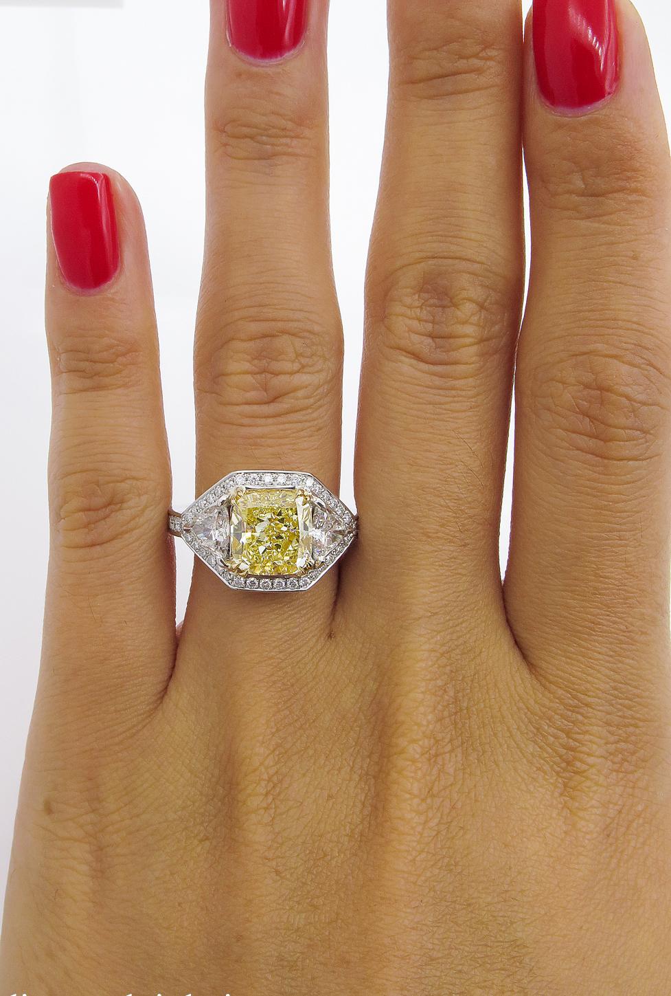 GIA 5.10 Carat Fancy Yellow Cushion Diamond 3-Stone Engagement Ring Platinum 2