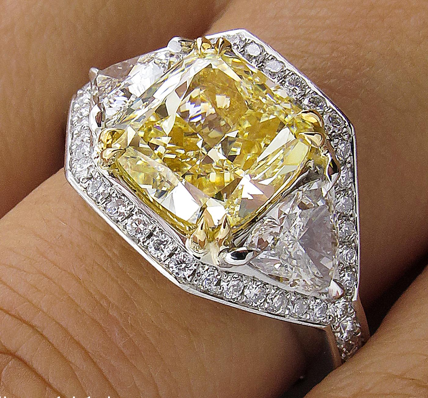 GIA 5.10 Carat Fancy Yellow Cushion Diamond 3-Stone Engagement Ring Platinum 3