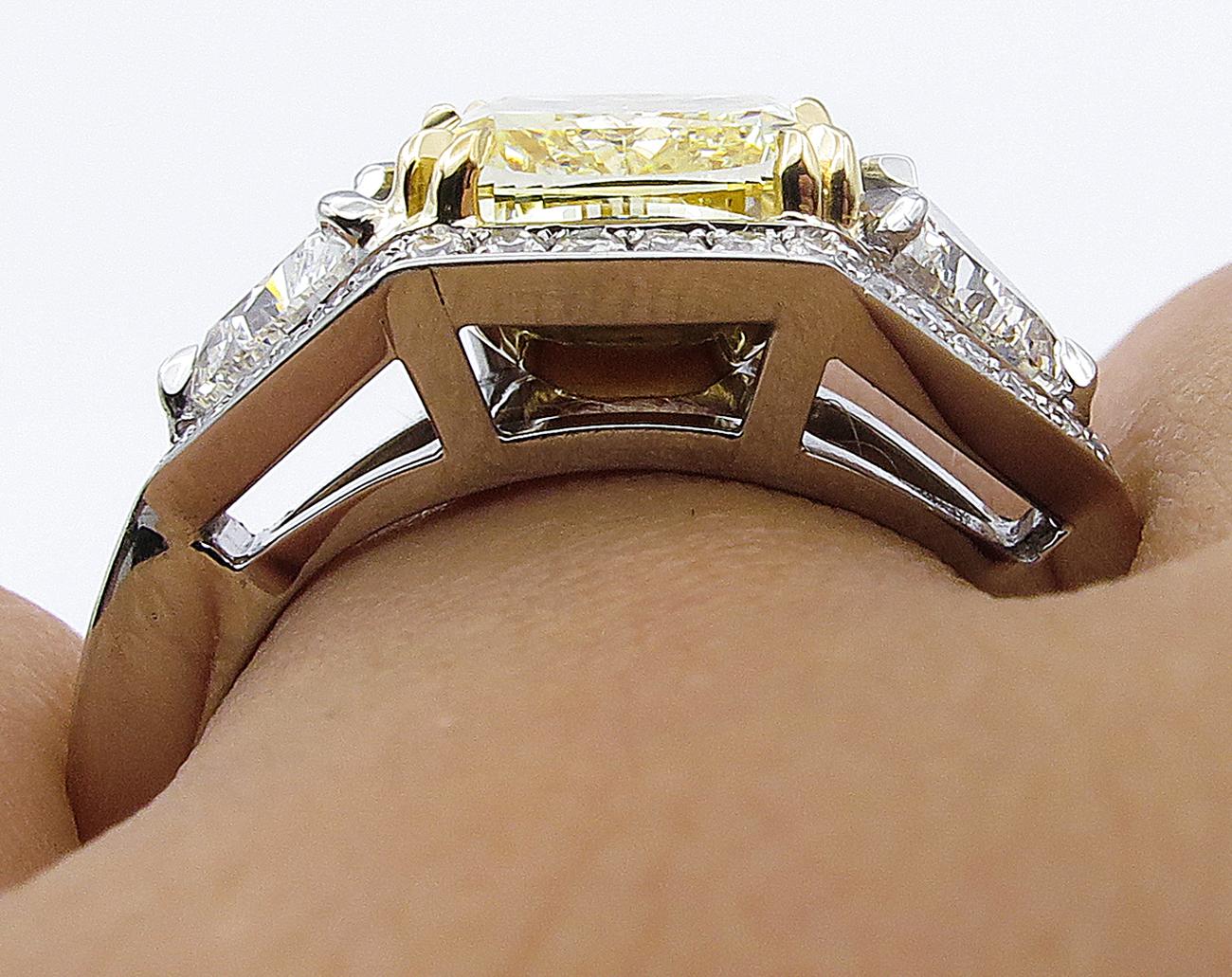 GIA 5.10 Carat Fancy Yellow Cushion Diamond 3-Stone Engagement Ring Platinum 4