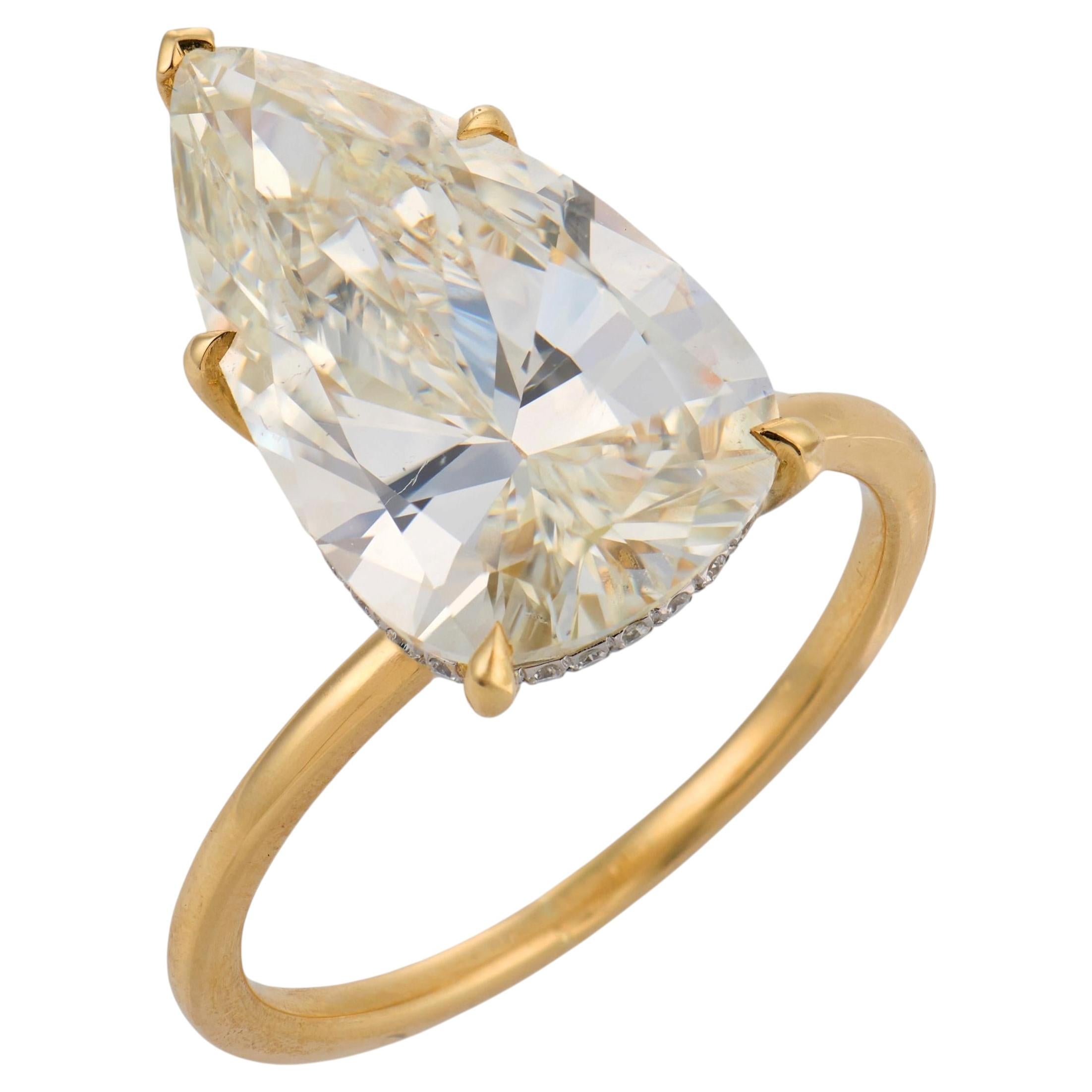 GIA 5.19 carat pear shape diamond 18k yellow gold engagement ring