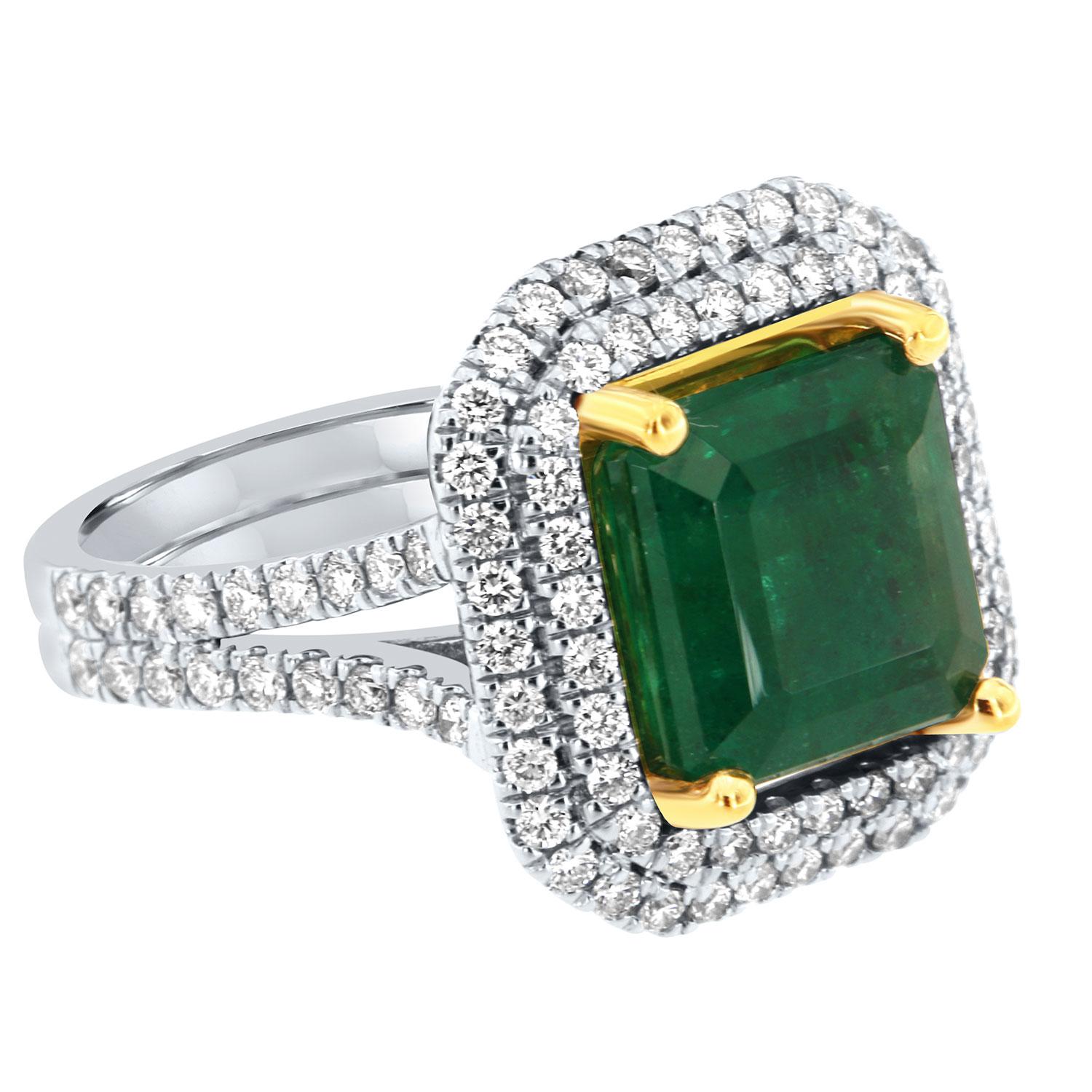 GIA 5.20 Carat Asscher Cut Green Emerald Double Halo 14k Two-Tone Diamond Ring In New Condition For Sale In San Francisco, CA