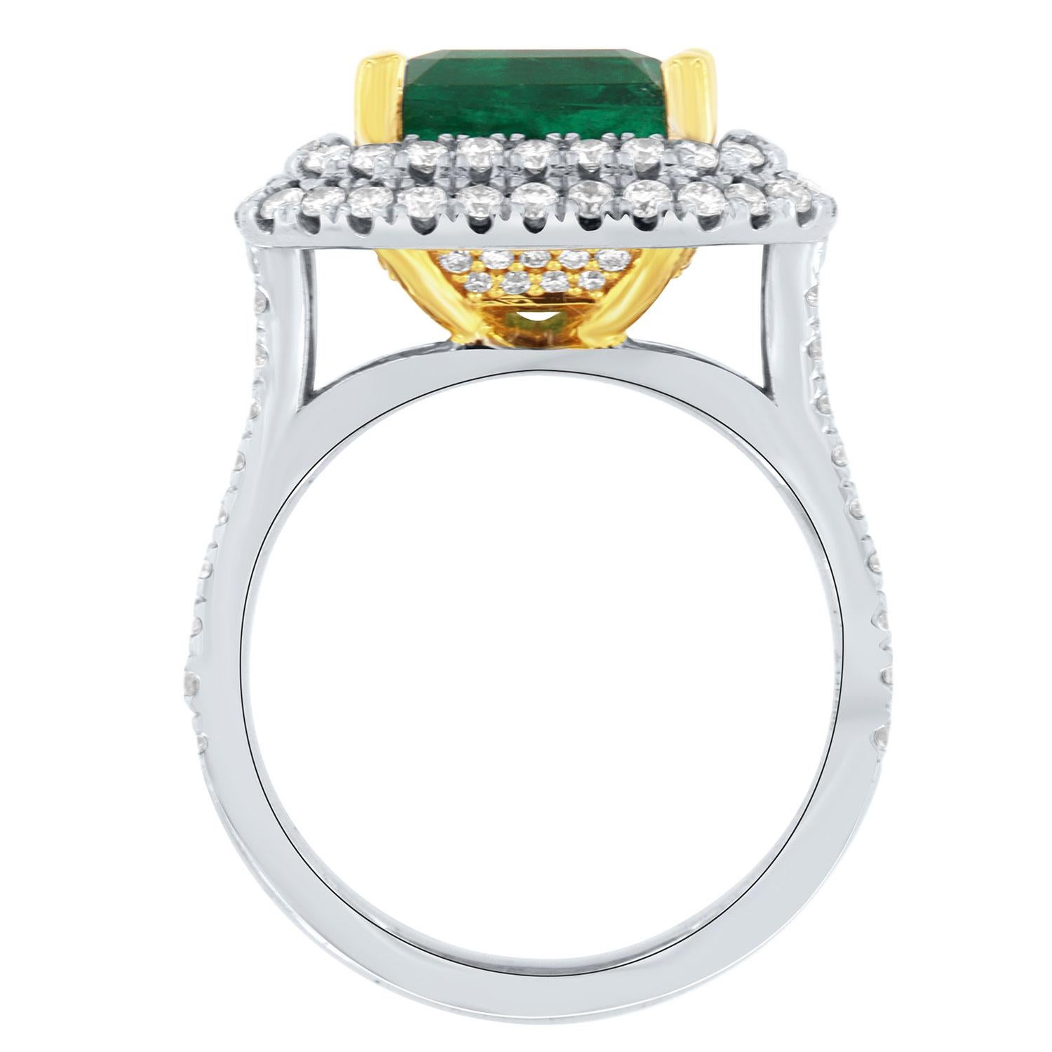 Women's GIA 5.20 Carat Asscher Cut Green Emerald Double Halo 14k Two-Tone Diamond Ring For Sale