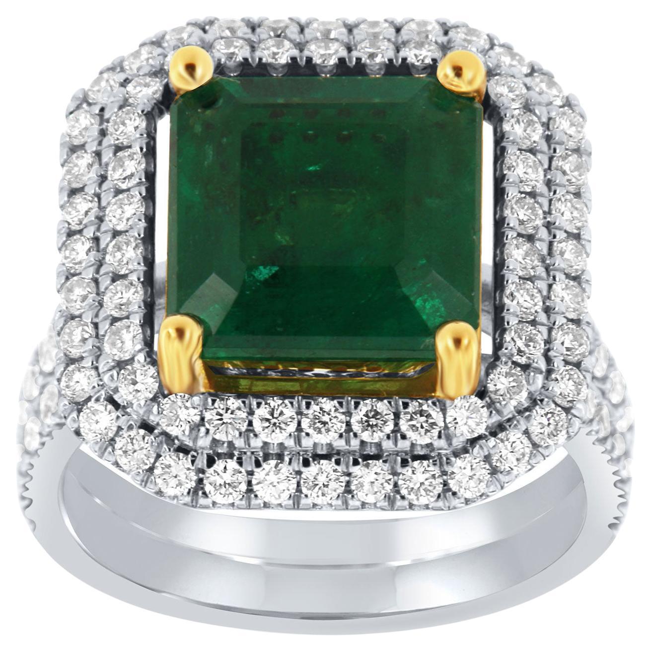 GIA 5.20 Carat Asscher Cut Green Emerald Double Halo 14k Two-Tone Diamond Ring For Sale