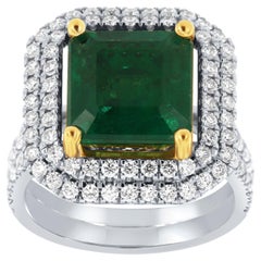 Bague en diamant bicolore 14 carats et émeraude verte taille Asscher de 5,20 carats certifiée GIA avec double halo de diamants