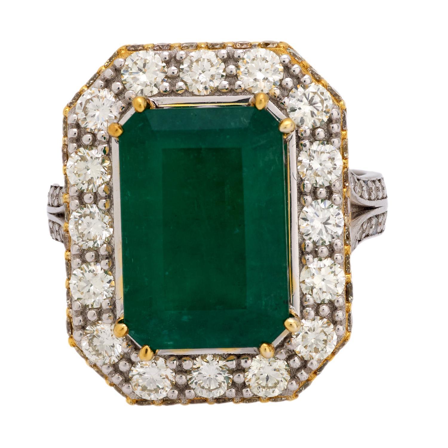 GIA 5,21 Karat nicht Öl Smaragd Diamant 14k Weiß- und Gelbgold Cocktail-Ring (Moderne) im Angebot