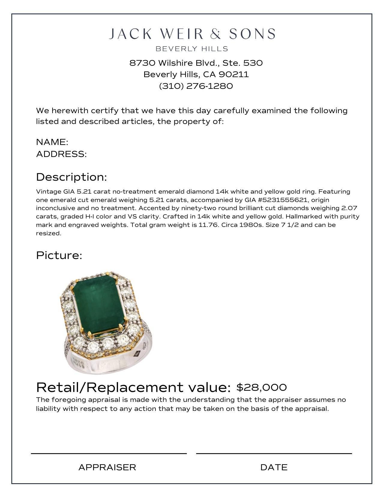 GIA 5,21 Karat nicht Öl Smaragd Diamant 14k Weiß- und Gelbgold Cocktail-Ring Damen im Angebot