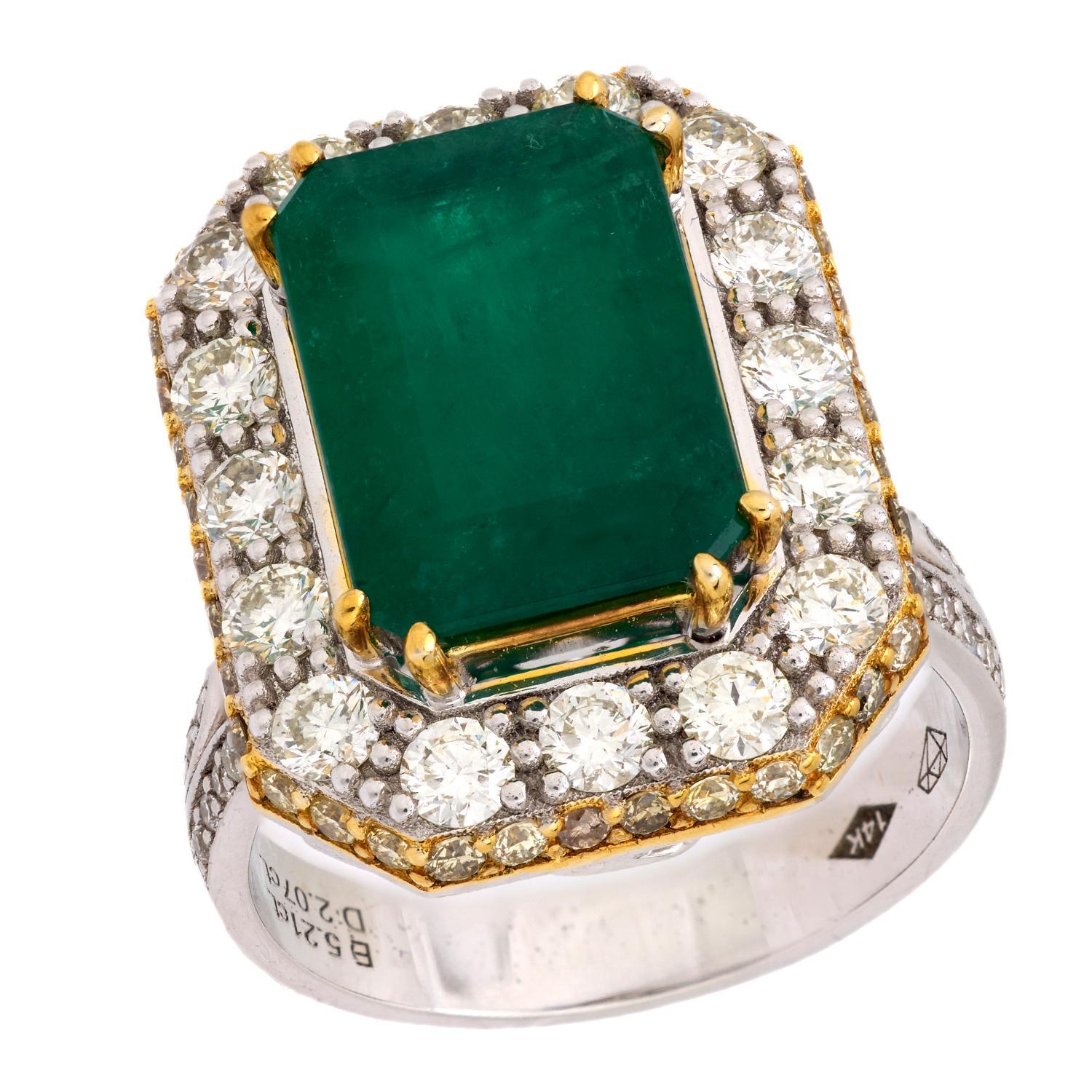 GIA 5.21 carat no oil emerald diamond 14k white and yellow gold cocktail ring