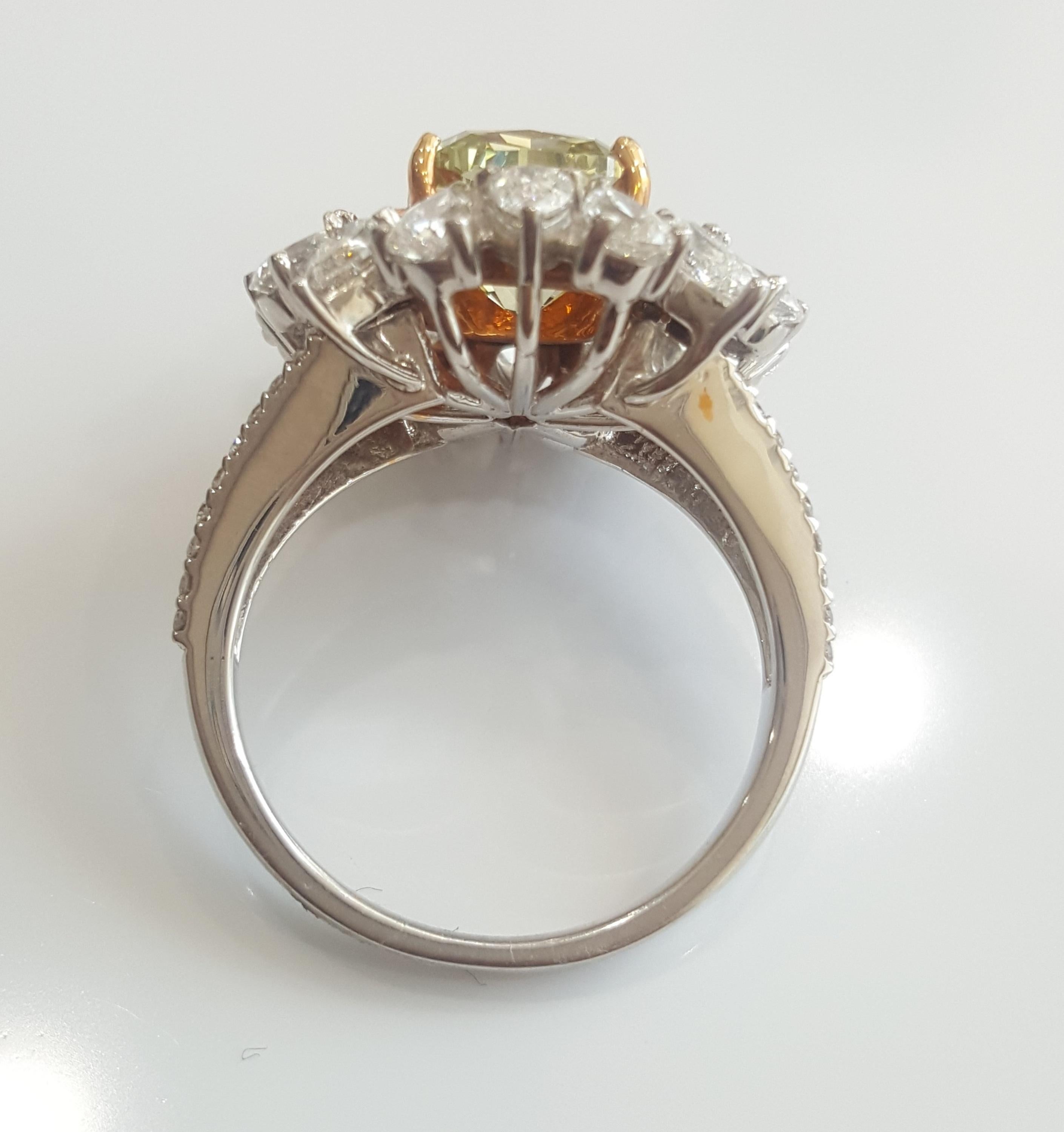 Contemporary GIA  5.22 Carat Natural Fancy Deep Green Yellow Cushion  And White Diamond Ring  For Sale