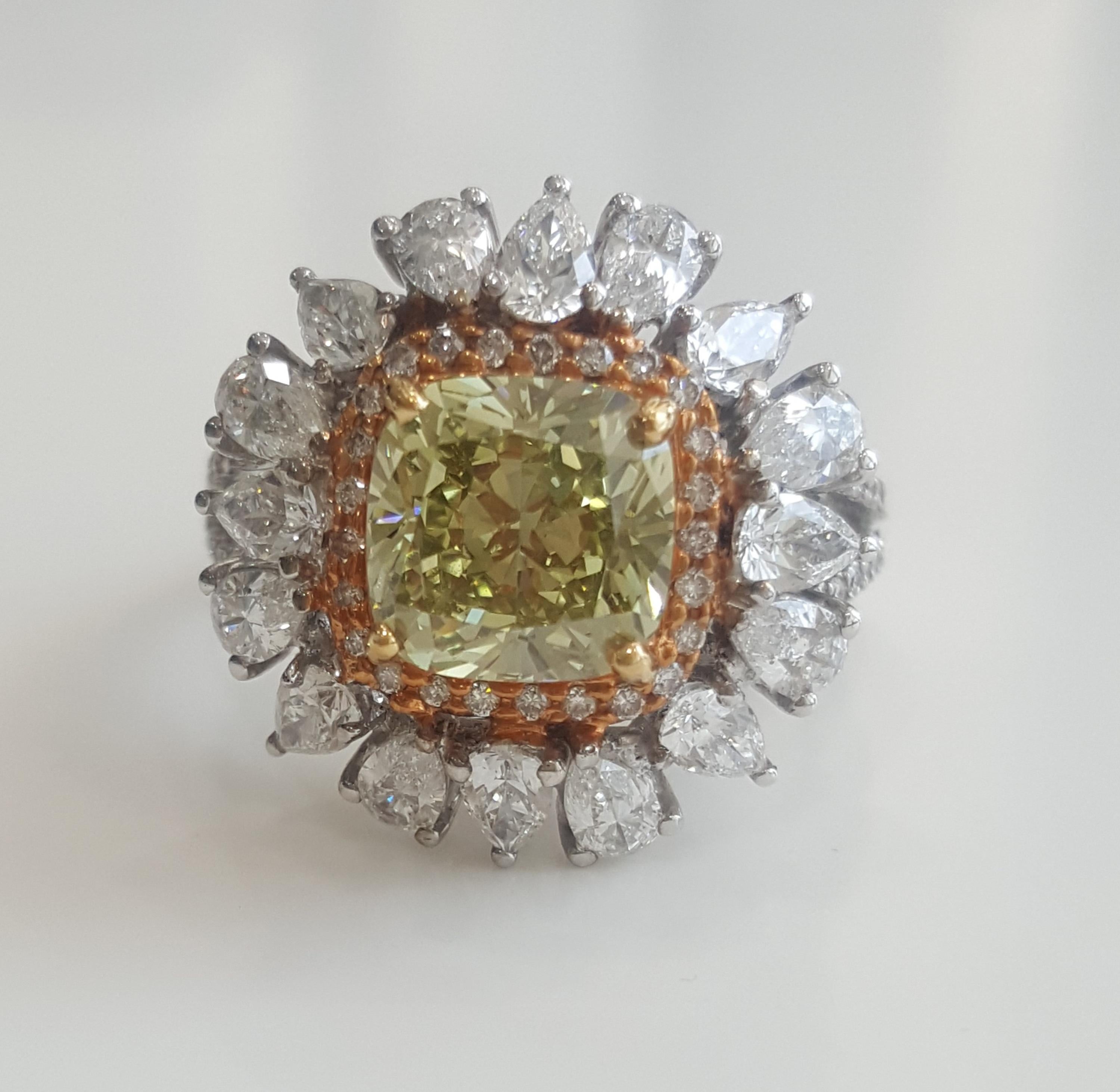 Cushion Cut GIA  5.22 Carat Natural Fancy Deep Green Yellow Cushion  And White Diamond Ring  For Sale