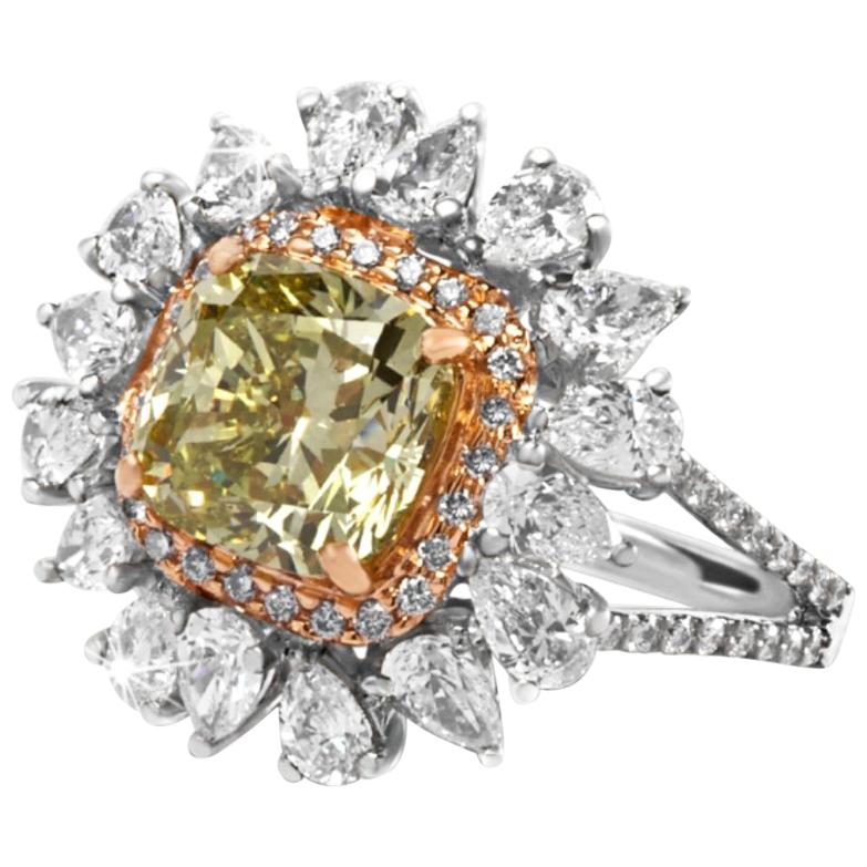 GIA  5.22 Carat Natural Fancy Deep Green Yellow Cushion  And White Diamond Ring  For Sale