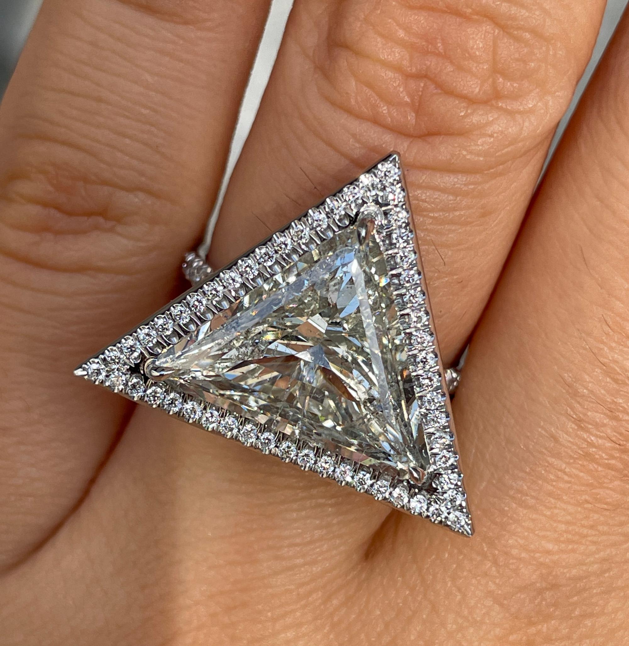 GIA 5.24ctw Trillion Diamond Engagement Halo Pave Platinum Ring For Sale 6