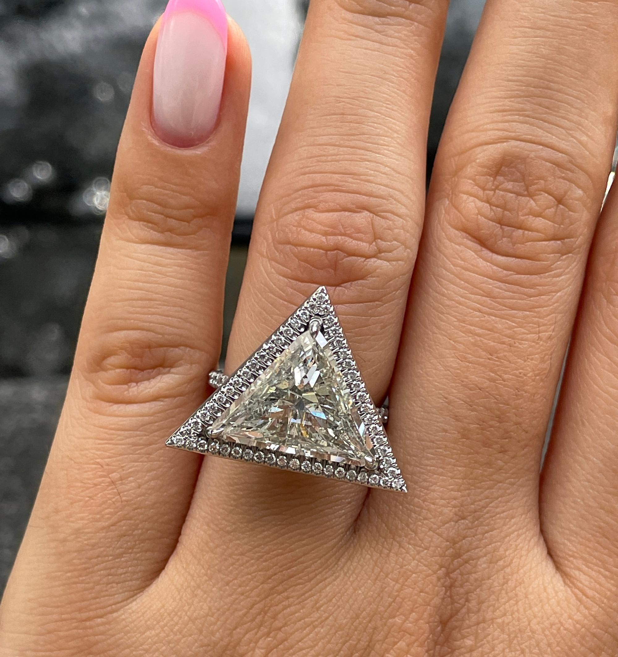 GIA 5.24ctw Trillion Diamond Engagement Halo Pave Platinum Ring For Sale 10