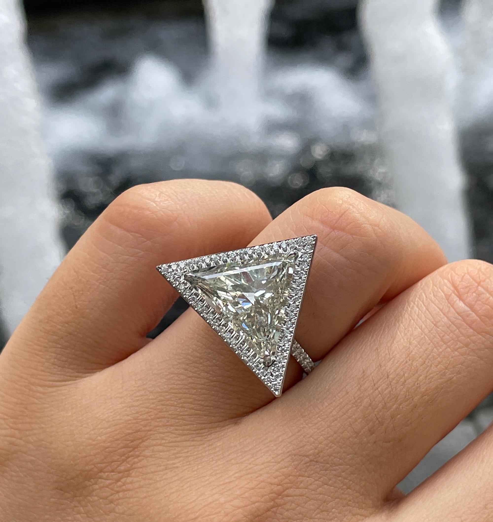 GIA 5.24ctw Trillion Diamond Engagement Halo Pave Platinum Ring For Sale 11