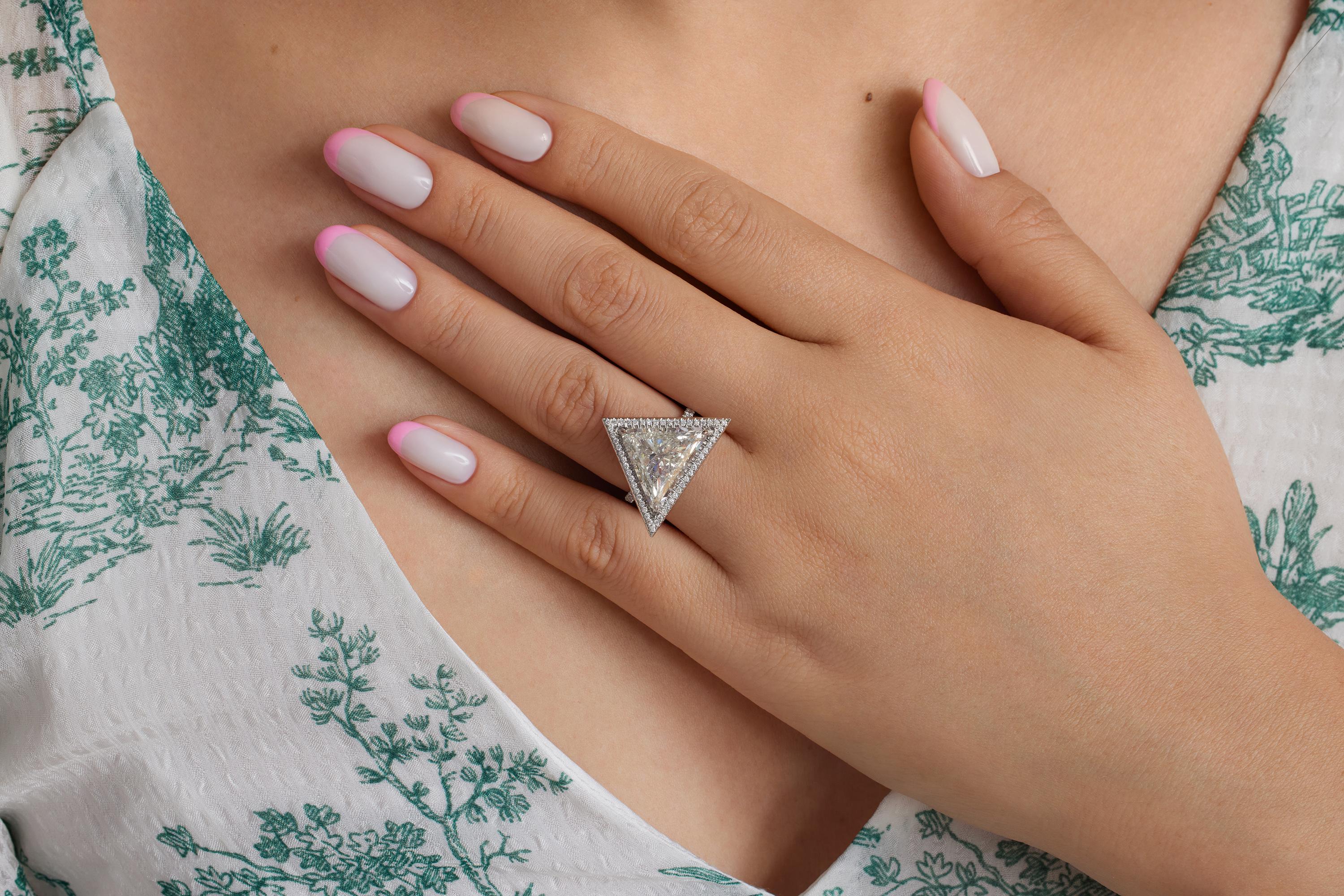 GIA 5.24ctw Trillion Diamond Engagement Halo Pave Platinum Ring For Sale 14