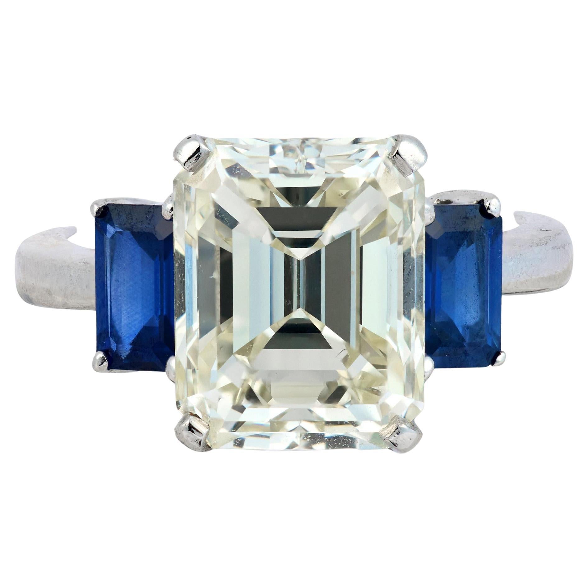 GIA 5.25 carat emerald cut diamond sapphire platinum engagement ring