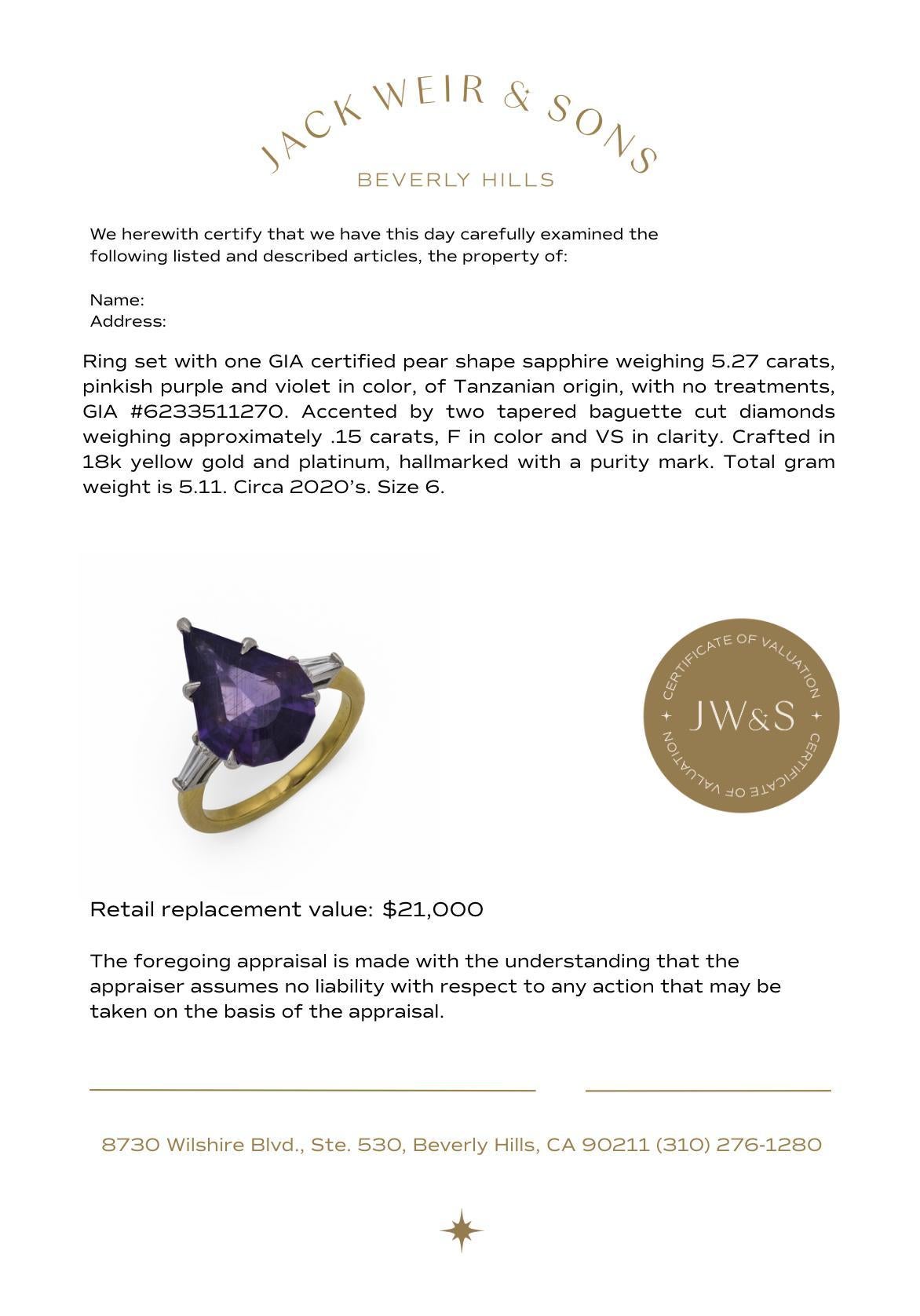 Bague en or jaune 18k GIA 5.27 carats saphir diamant sans chaleur en vente 3