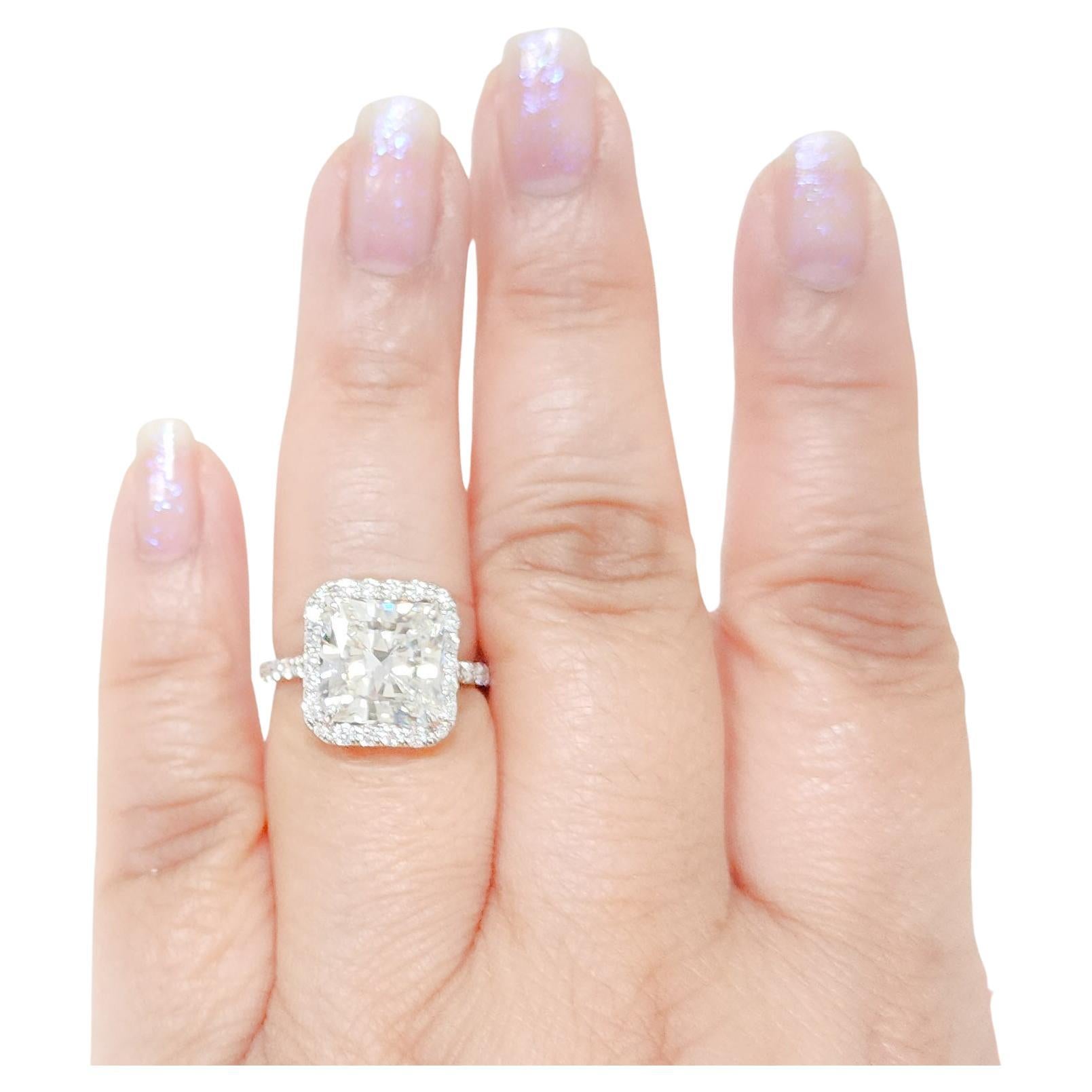 GIA 5.27ct. White Diamond Radiant Ring in 18k White Gold For Sale