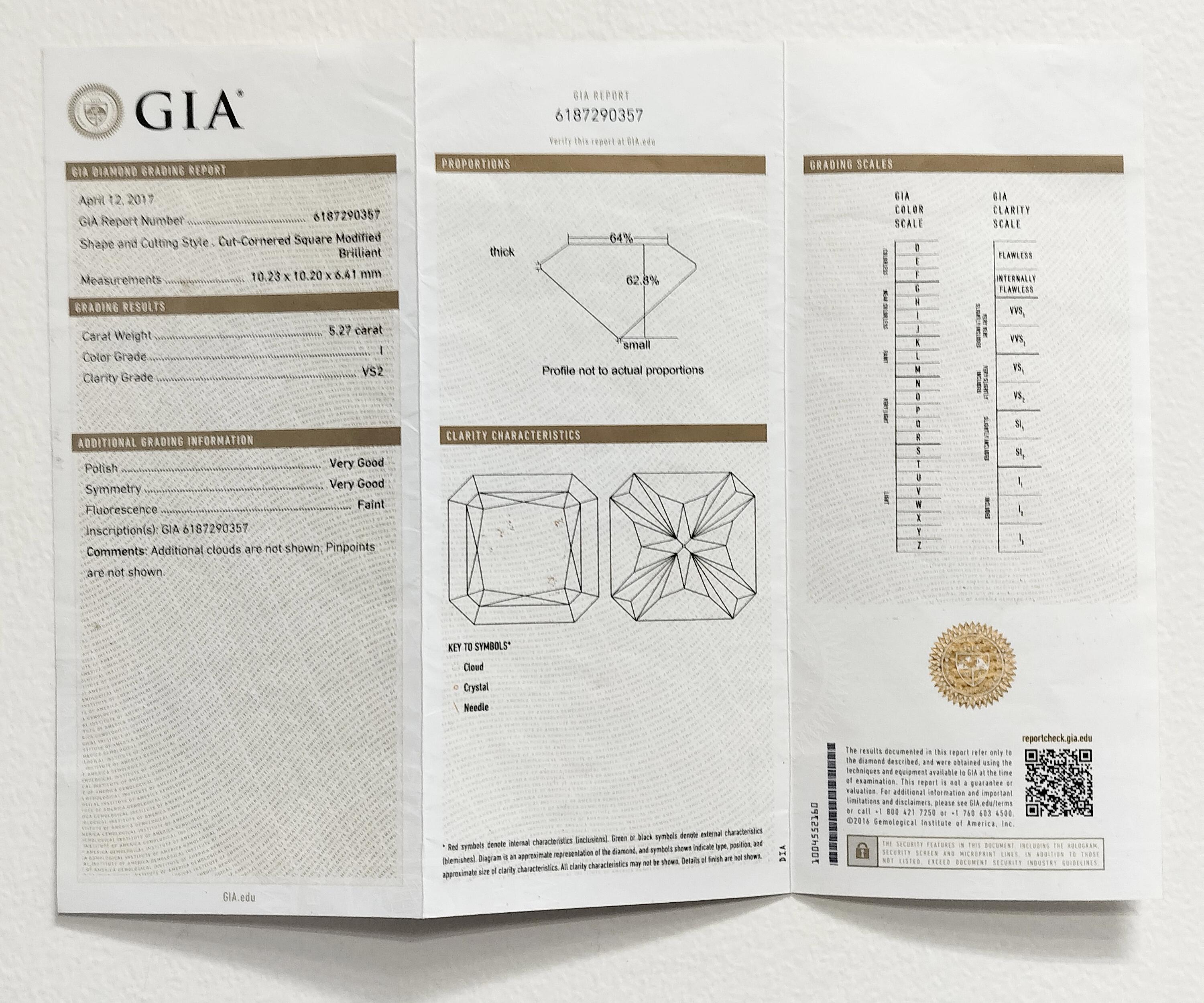 GIA 5.27 ct. White Diamond Radiant Ring on 18K White Gold For Sale 5