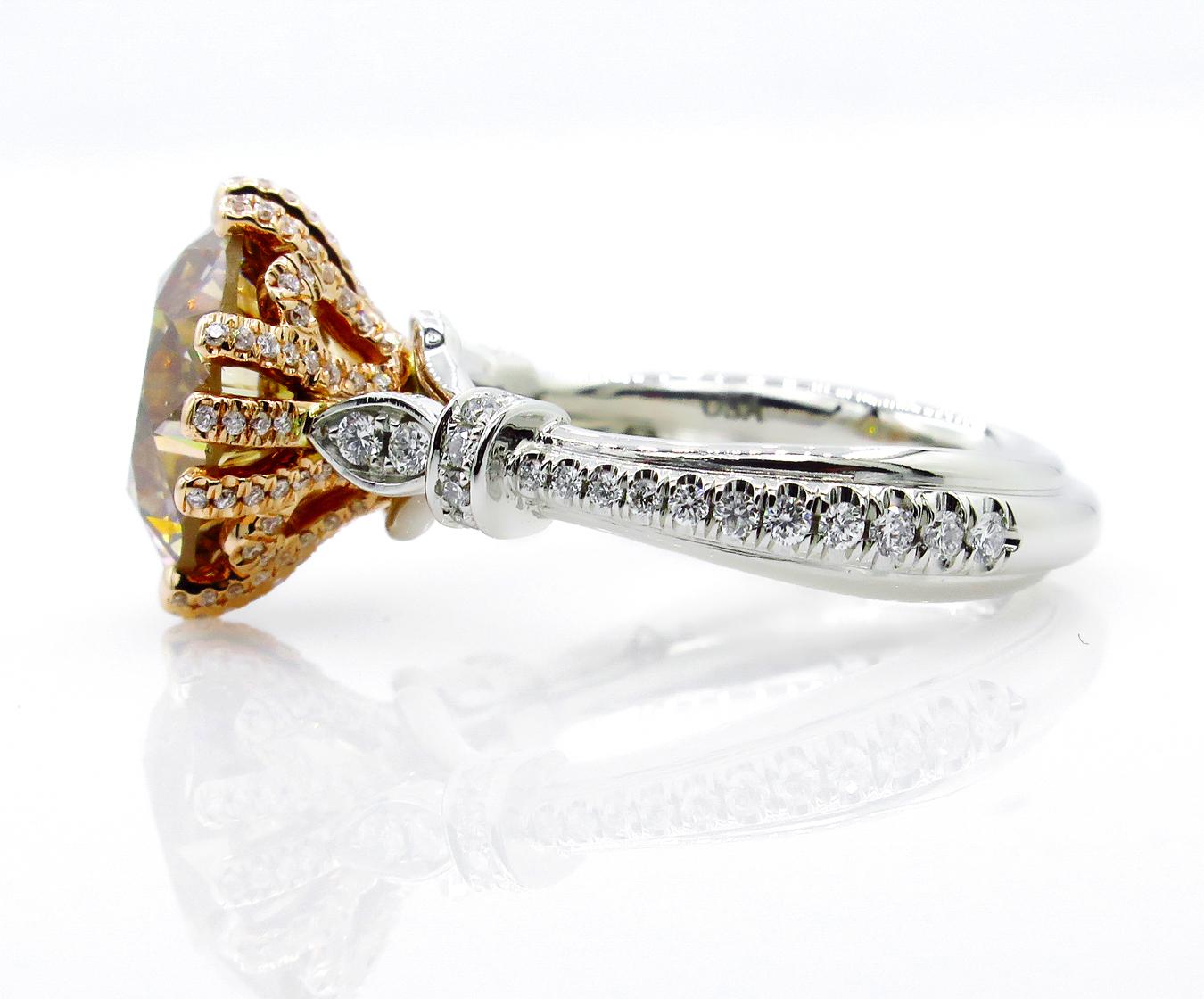 GIA 5.30ctw Natural Fancy Brown Round Cut Diamond Vintage Platinum RoseGold Ring In Good Condition In New York, NY