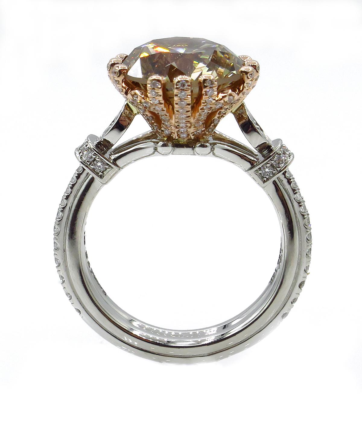 GIA 5.30ctw Natural Fancy Brown Round Cut Diamond Vintage Platinum RoseGold Ring 3