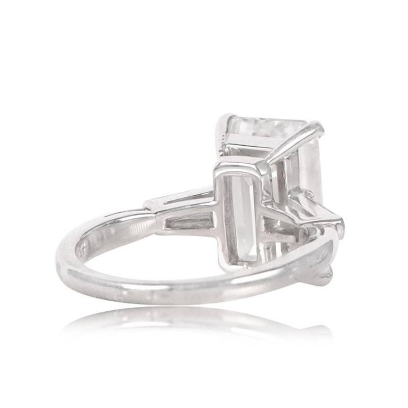 Art Deco GIA 5.31ct Emerald Cut Diamond Engagement Ring, F Color, Platinum For Sale
