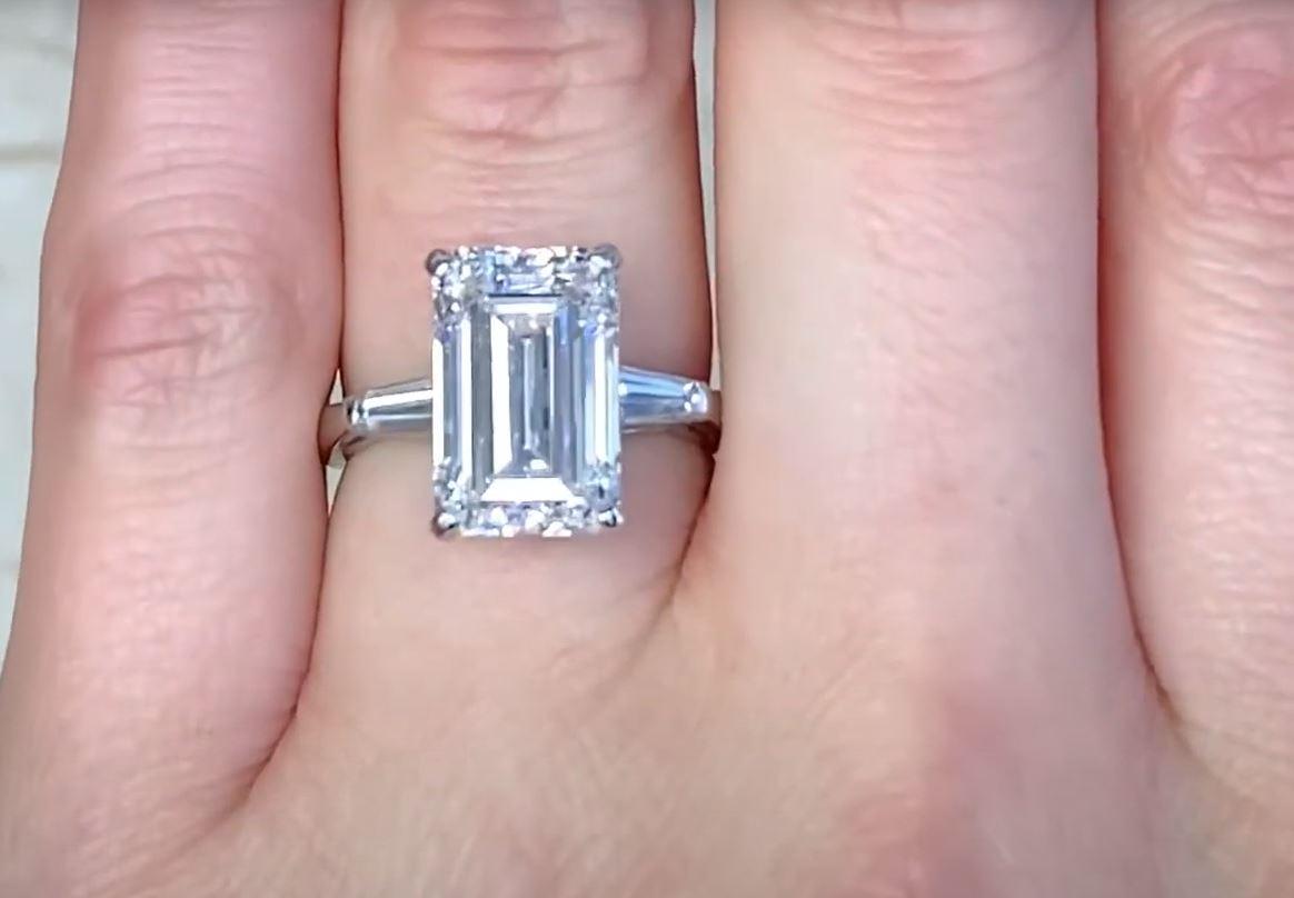 GIA 5.31ct Emerald Cut Diamond Engagement Ring, F Color, Platinum For Sale 2