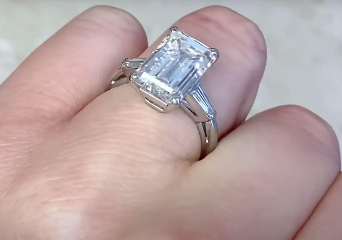 GIA 5.31ct Emerald Cut Diamond Engagement Ring, F Color, Platinum For Sale 4