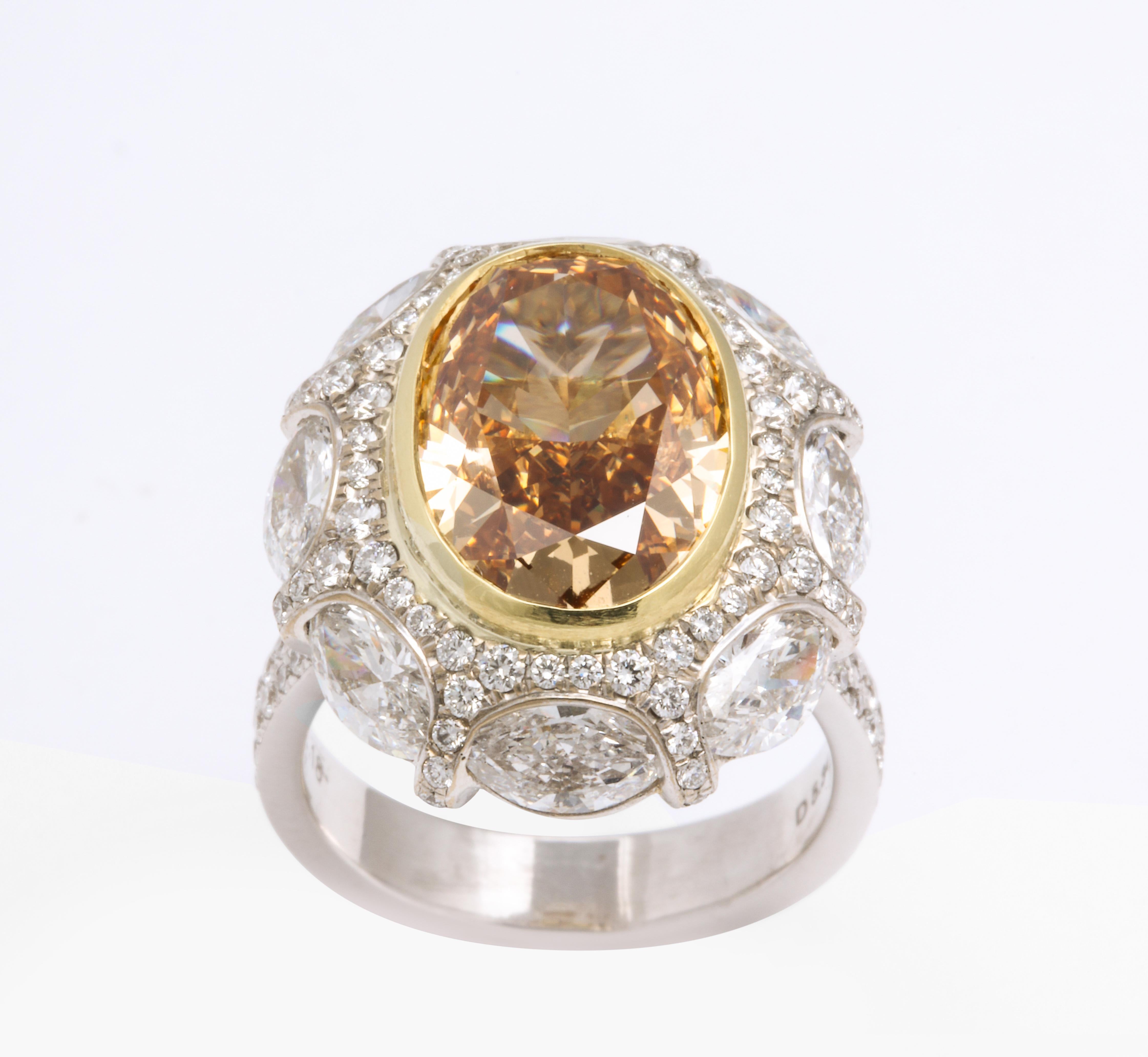 GIA 5.34 Carat Fancy Deep Brownish, Yellow Orange Diamond 18 Karat Cocktail Ring In Excellent Condition For Sale In New York, NY