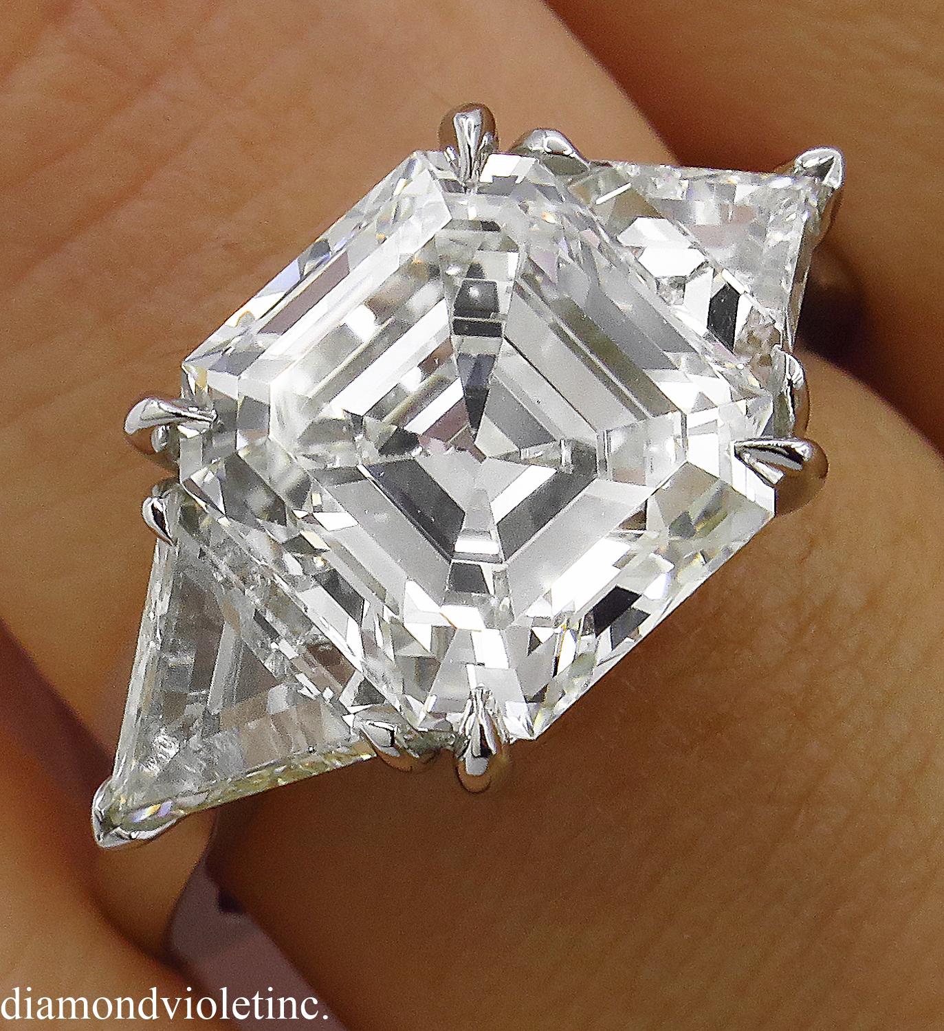 GIA 5.35 Carat Asscher Diamond 3-Stone Engagement Wedding Platinum Ring 3
