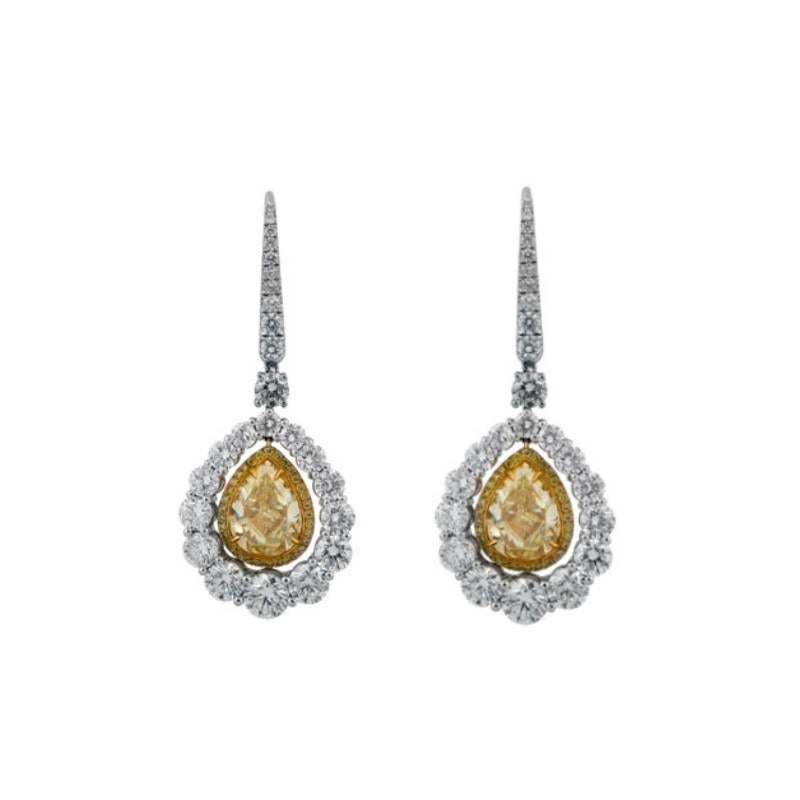 Pear Cut GIA 5.35ct Pear-Shaped Yellow Diamond Earring, Diamond Halo, 18K Gold, Platinum For Sale