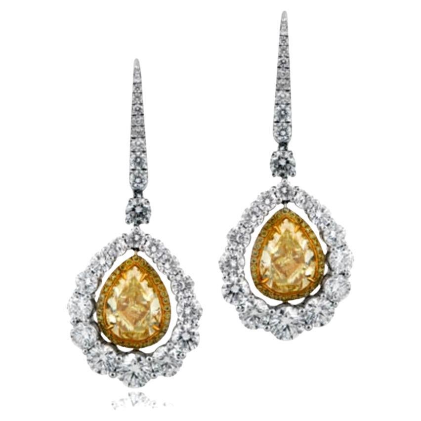 GIA 5.35ct Pear-Shaped Yellow Diamond Earring, Diamond Halo, 18K Gold, Platinum For Sale