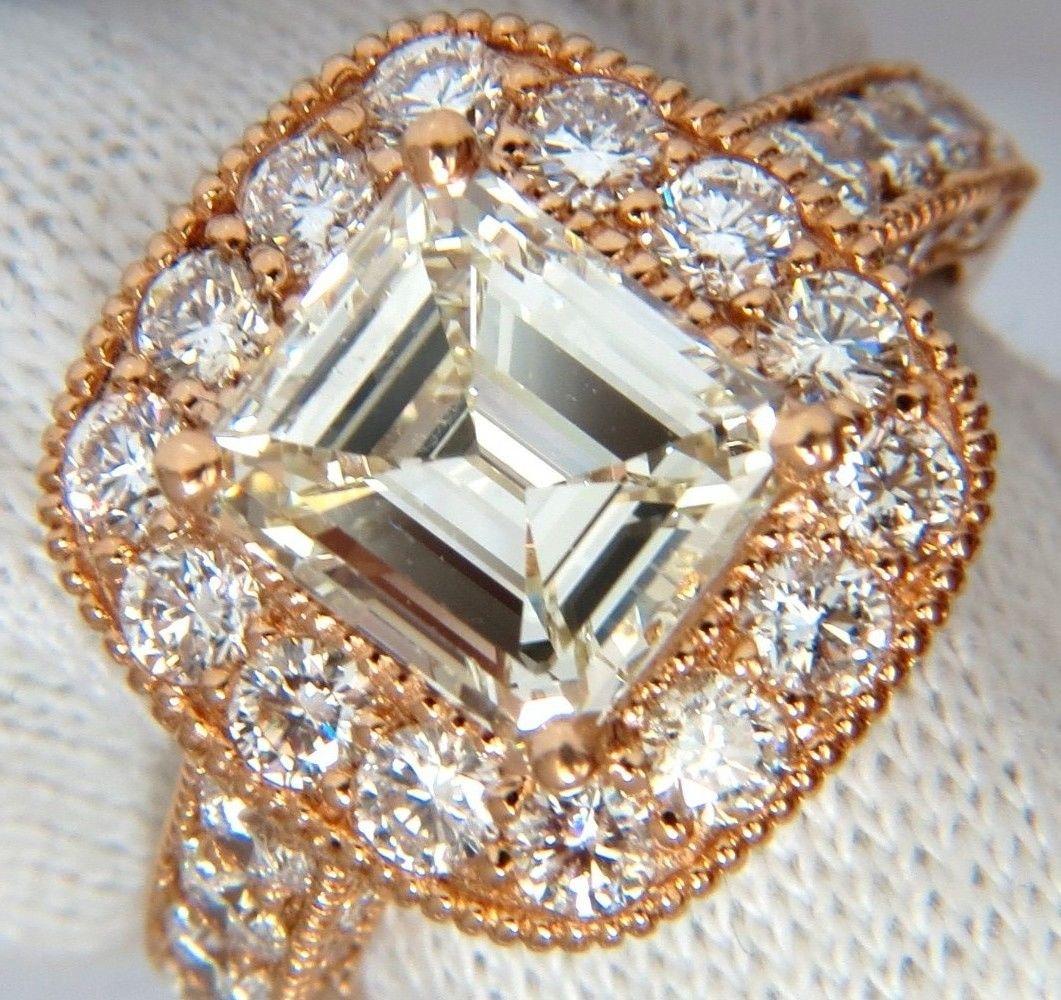 GIA 5.37 Carat Emerald Cut Diamond Ring 18 Karat Bridal Anniversary Halo Cluster For Sale 4