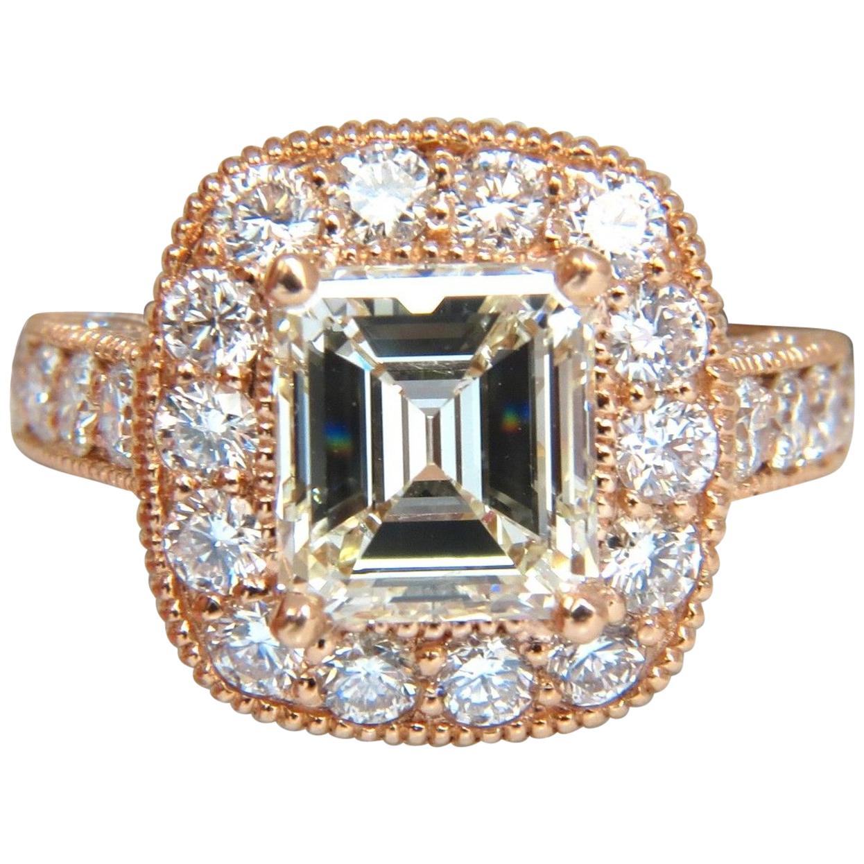 GIA 5.37 Carat Emerald Cut Diamond Ring 18 Karat Bridal Anniversary Halo Cluster For Sale