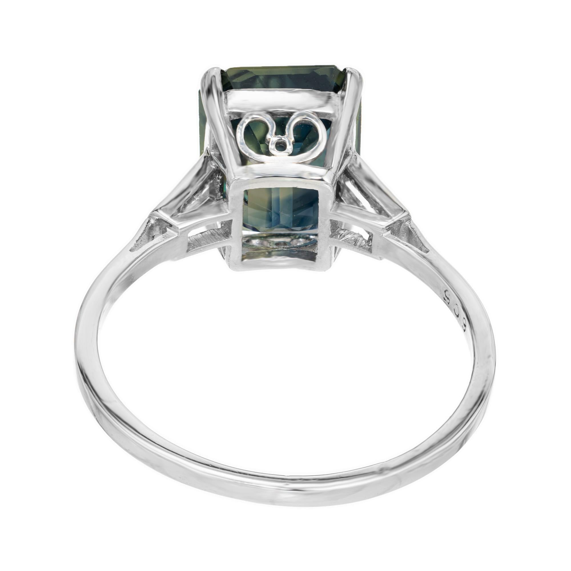 GIA 5.37 Carat Green Sapphire Diamond Three-Stone Engagement Platinum Ring In Good Condition For Sale In Stamford, CT
