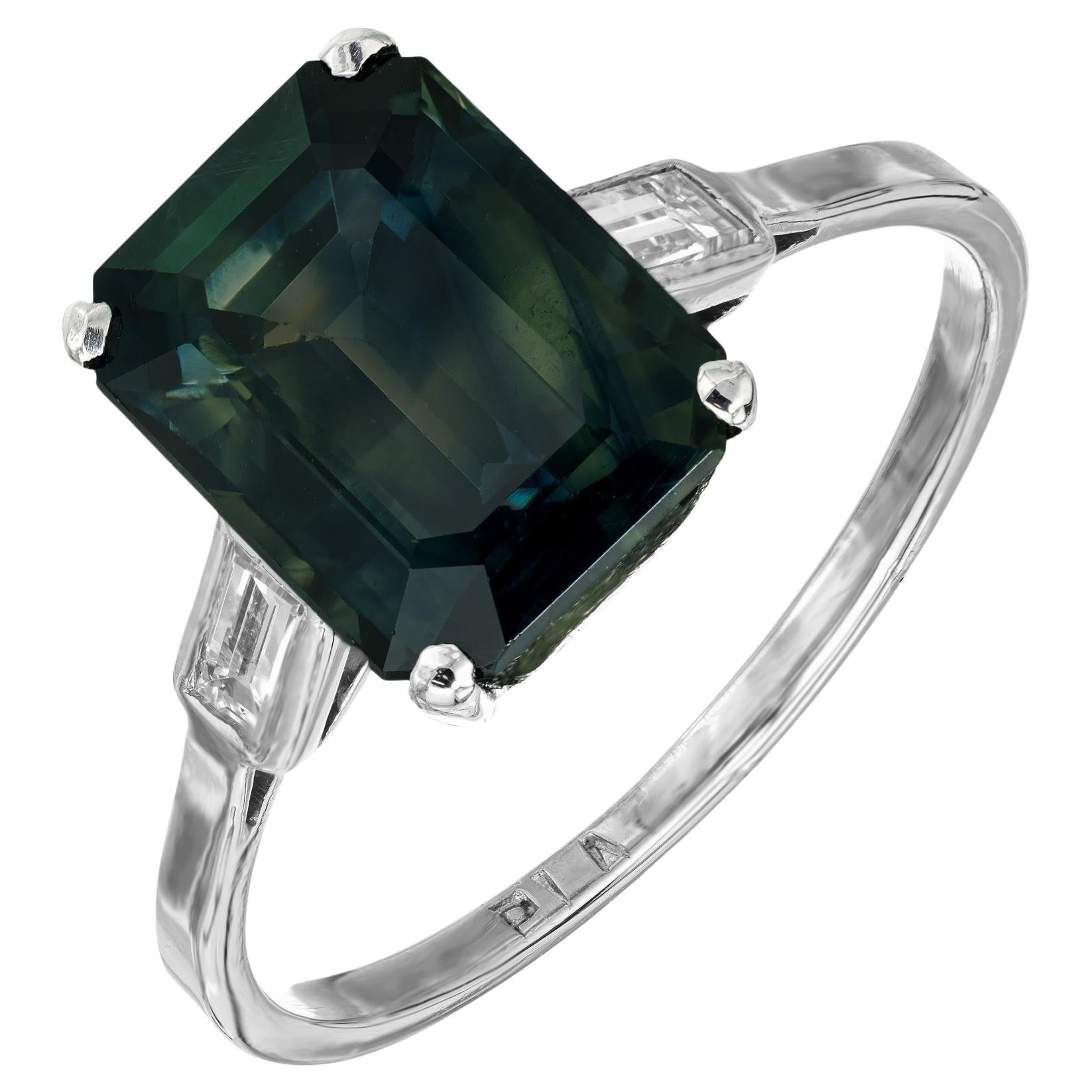 GIA 5.37 Carat Green Sapphire Diamond Three-Stone Engagement Platinum Ring For Sale