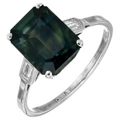 Bague de fiançailles à trois pierres en platine avec saphir vert et diamant de 5,37 carats